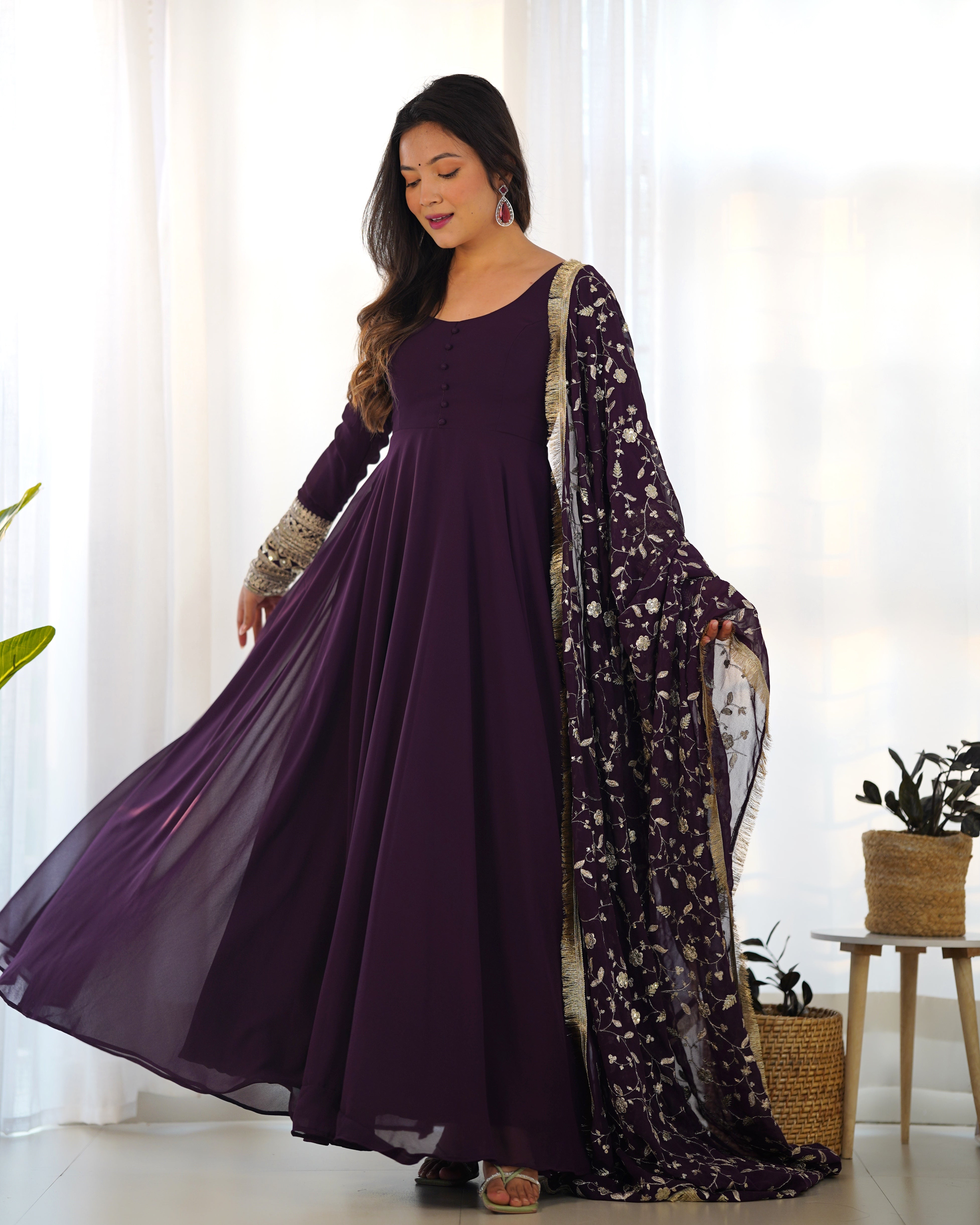 Women's Soft Fox Georgette Anarkali Gown Pant Dupatta Set with Sequence and Zari Work