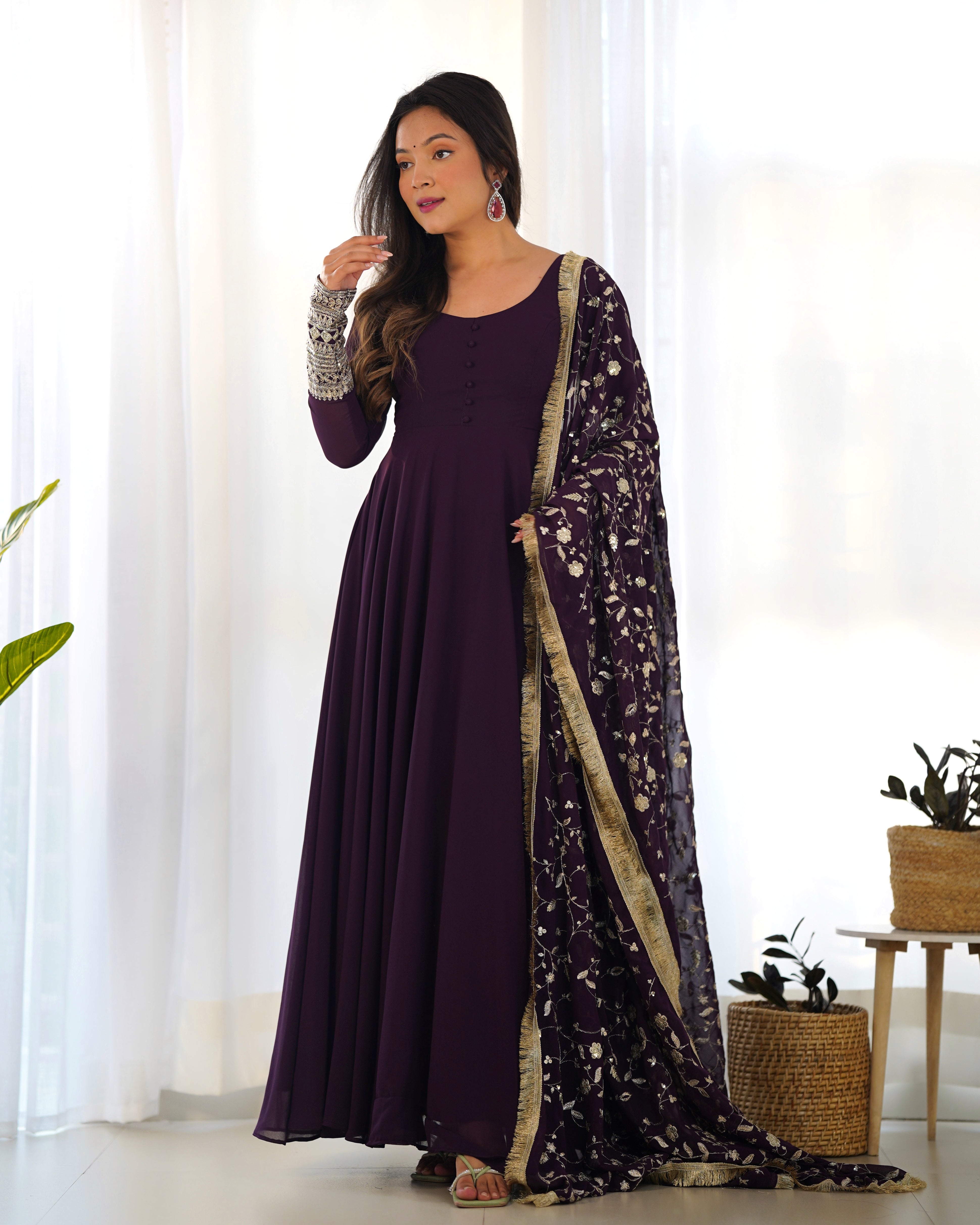 Women's Soft Fox Georgette Anarkali Gown Pant Dupatta Set with Sequence and Zari Work