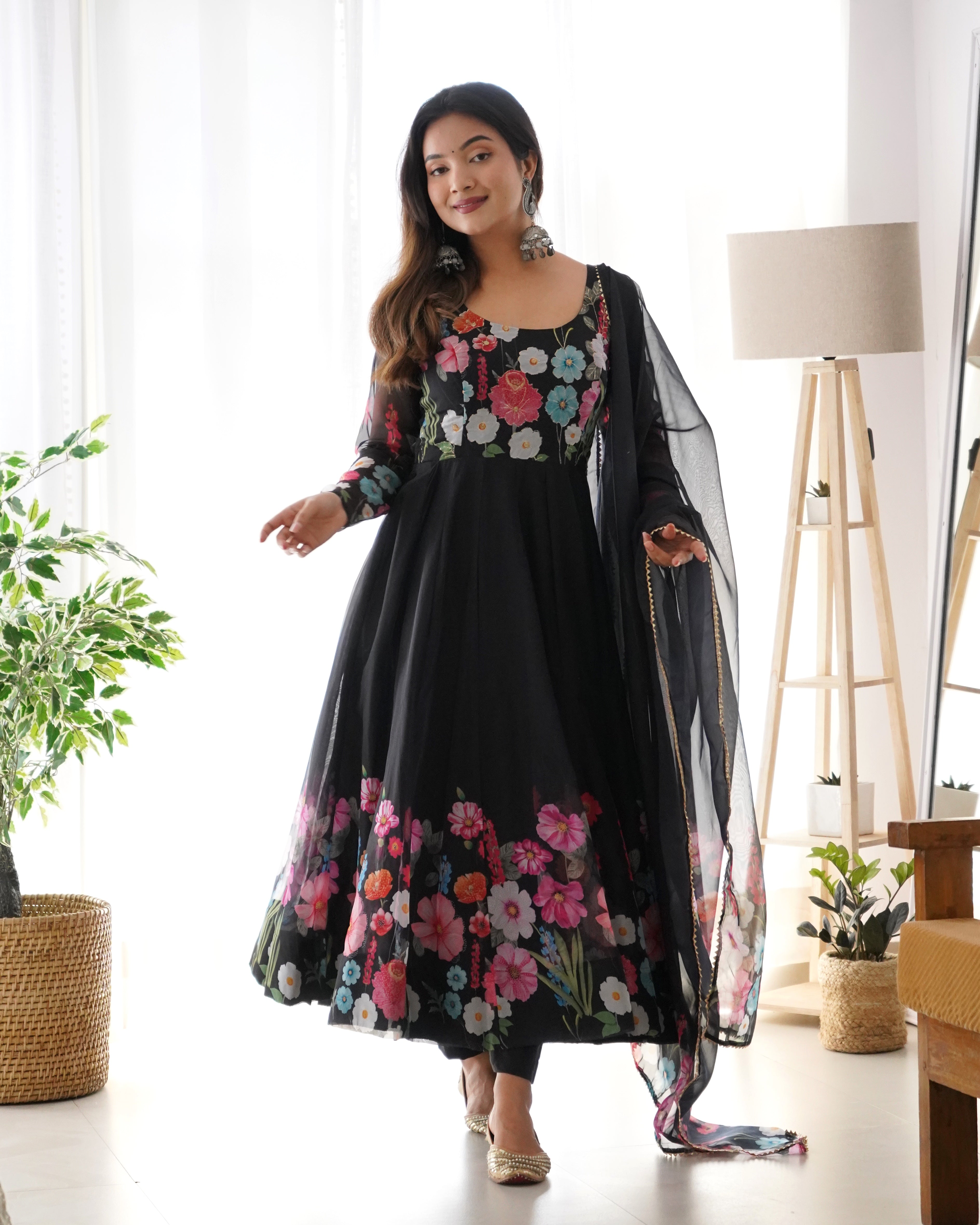 Organza Silk Anarkali Suit Set with Badla Jari Work and Dupatta