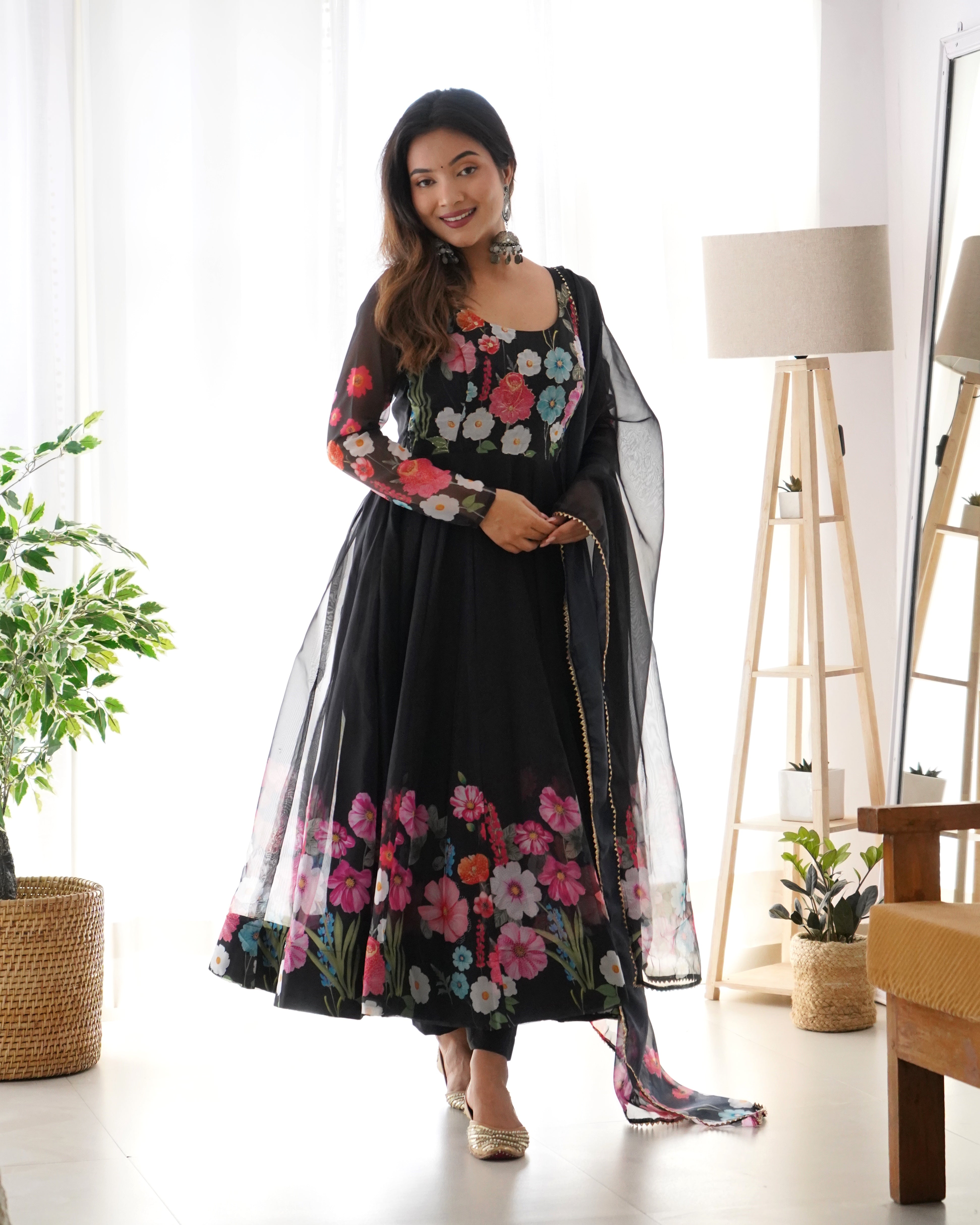 Organza Silk Anarkali Suit Set with Badla Jari Work and Dupatta