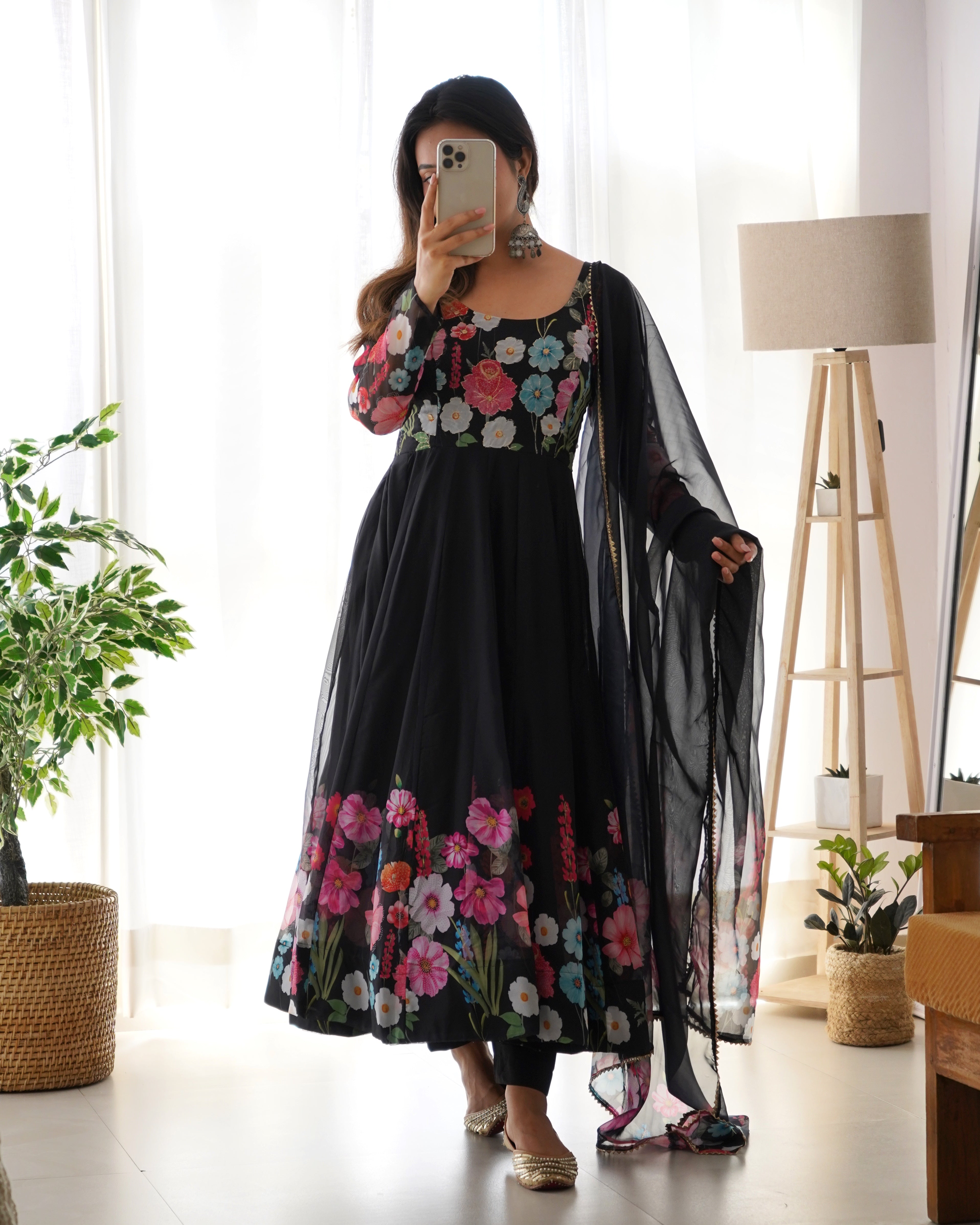 Organza Silk Anarkali Suit Set with Badla Jari Work and Dupatta
