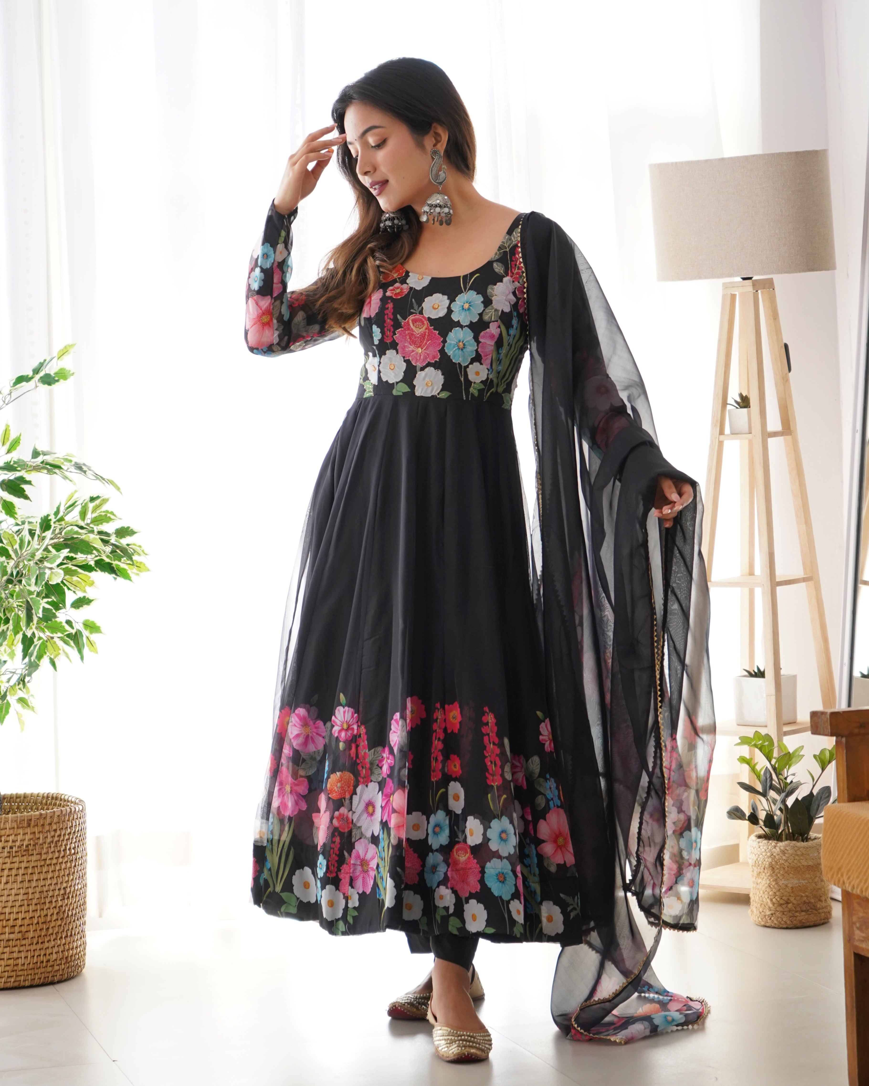 Organza Silk Anarkali Suit Set with Badla Jari Work and Dupatta