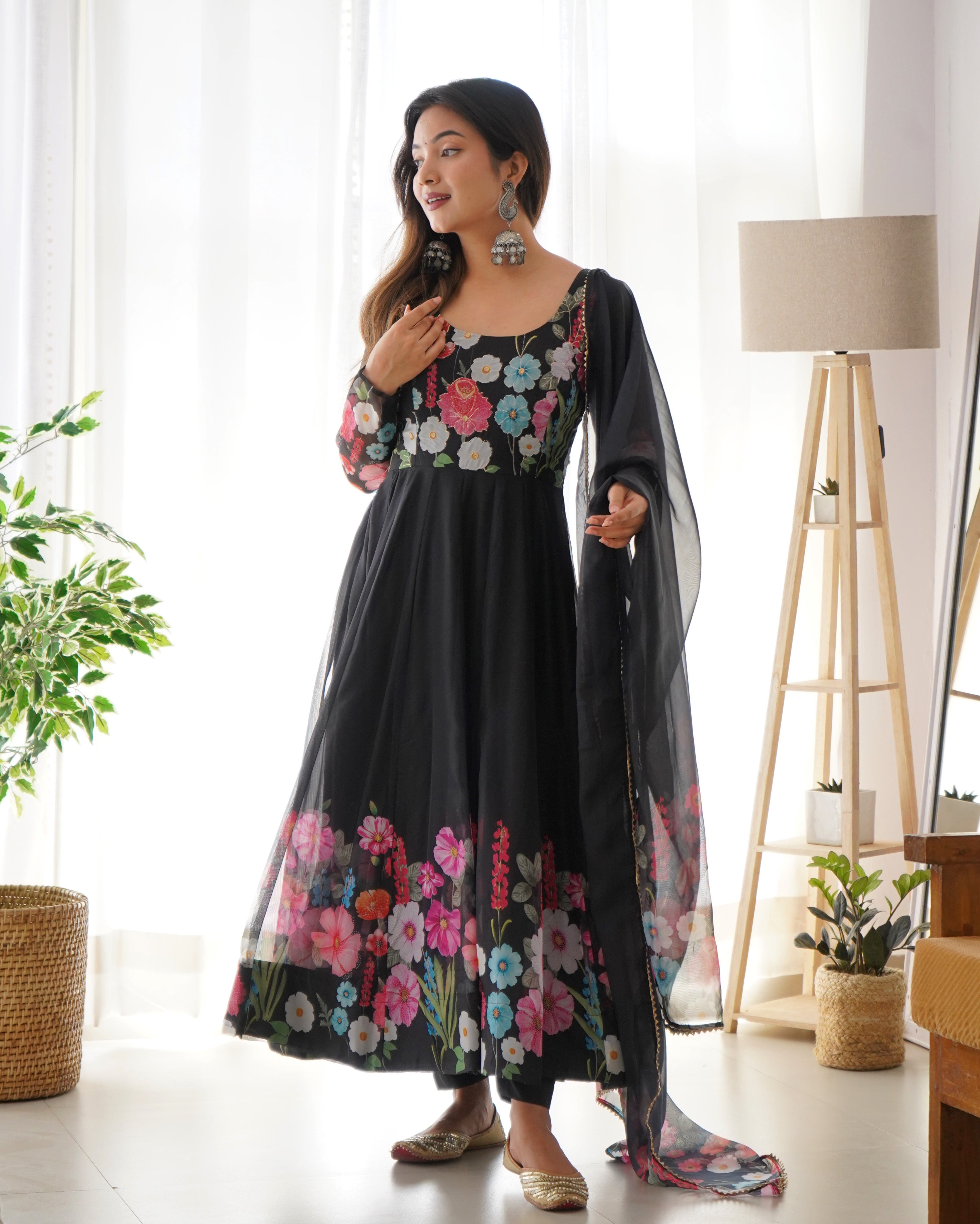 Organza Silk Anarkali Suit Set with Badla Jari Work and Dupatta