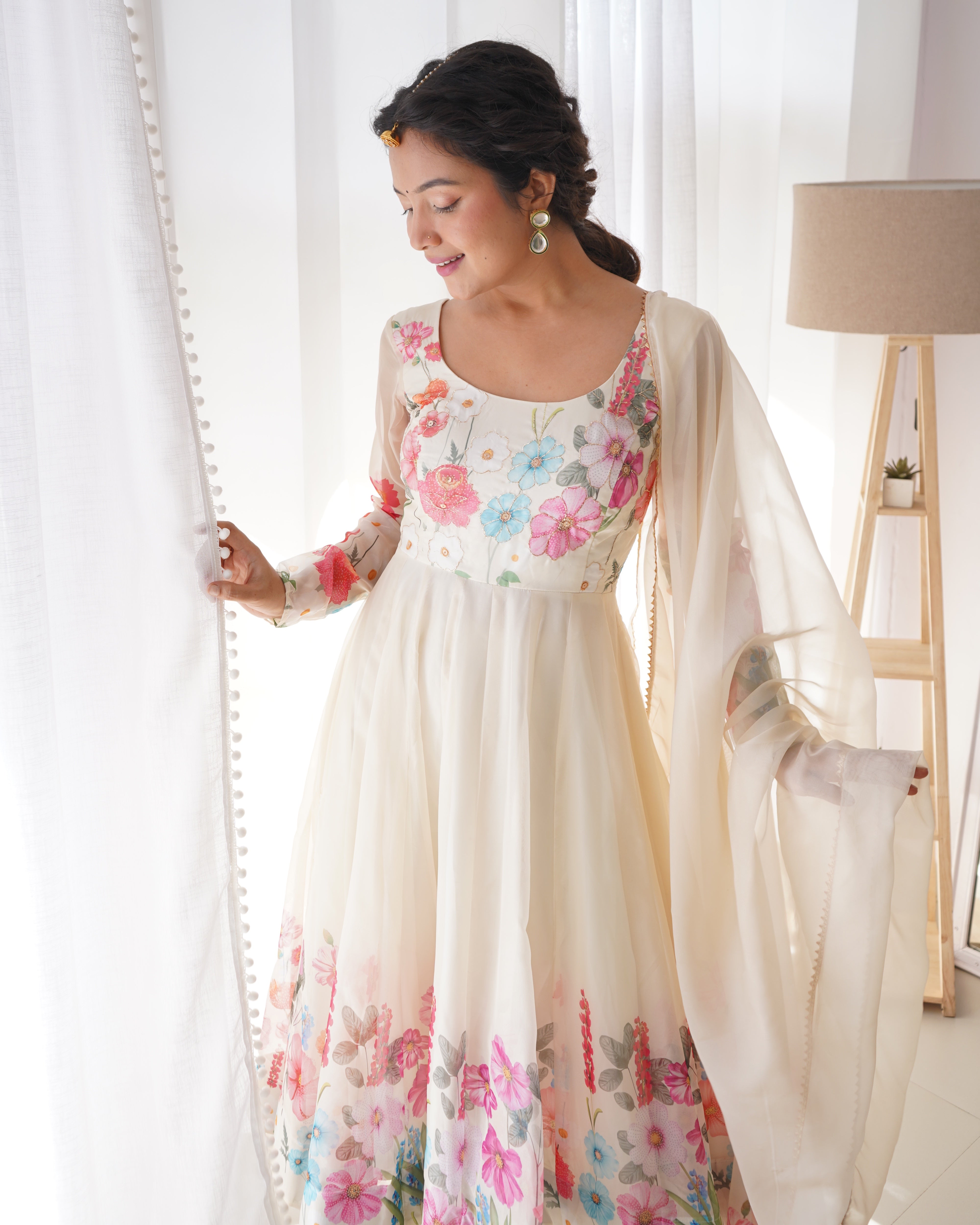 Organza Silk Anarkali Suit Set with Badla Jari Work and Dupatta