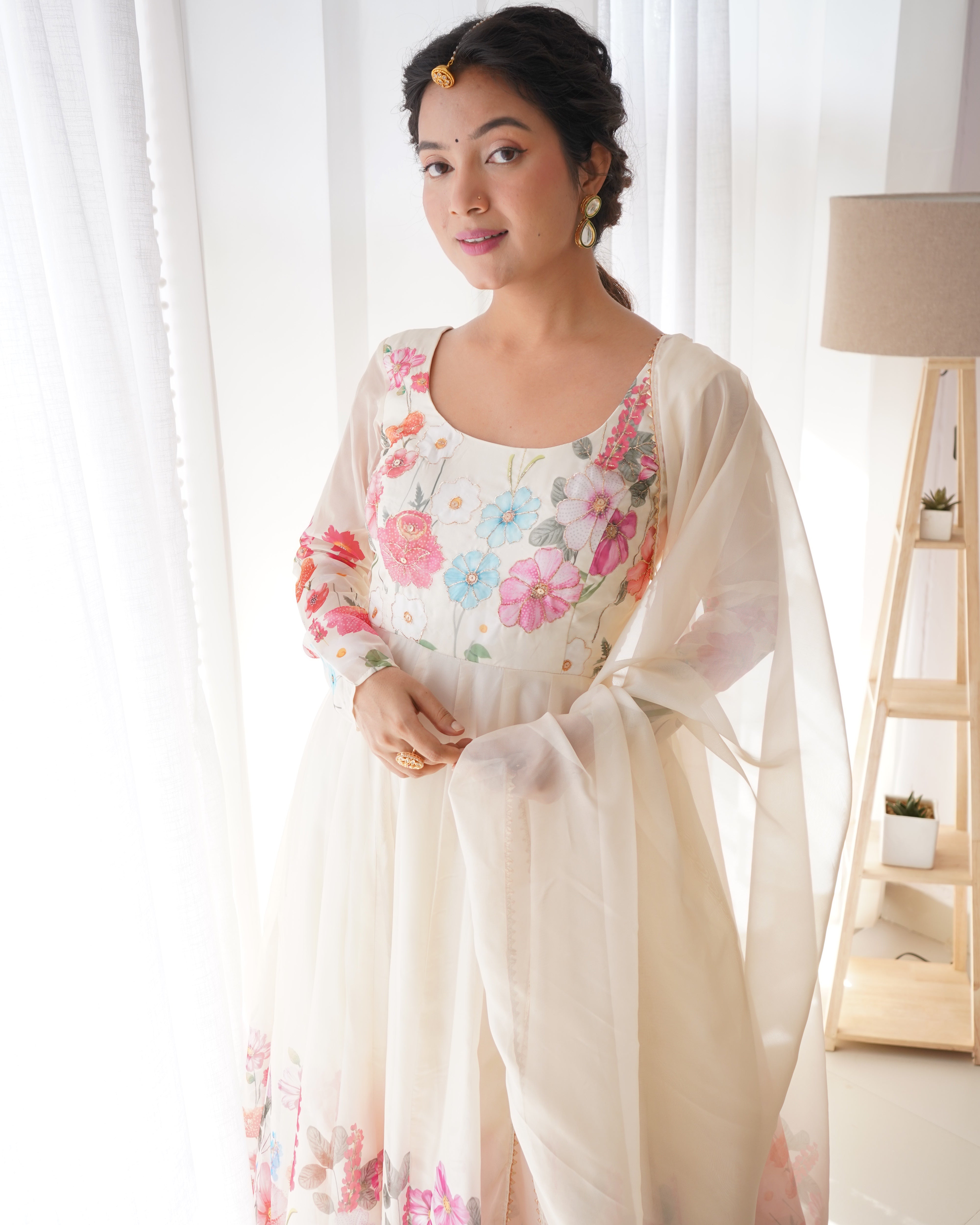 Organza Silk Anarkali Suit Set with Badla Jari Work and Dupatta