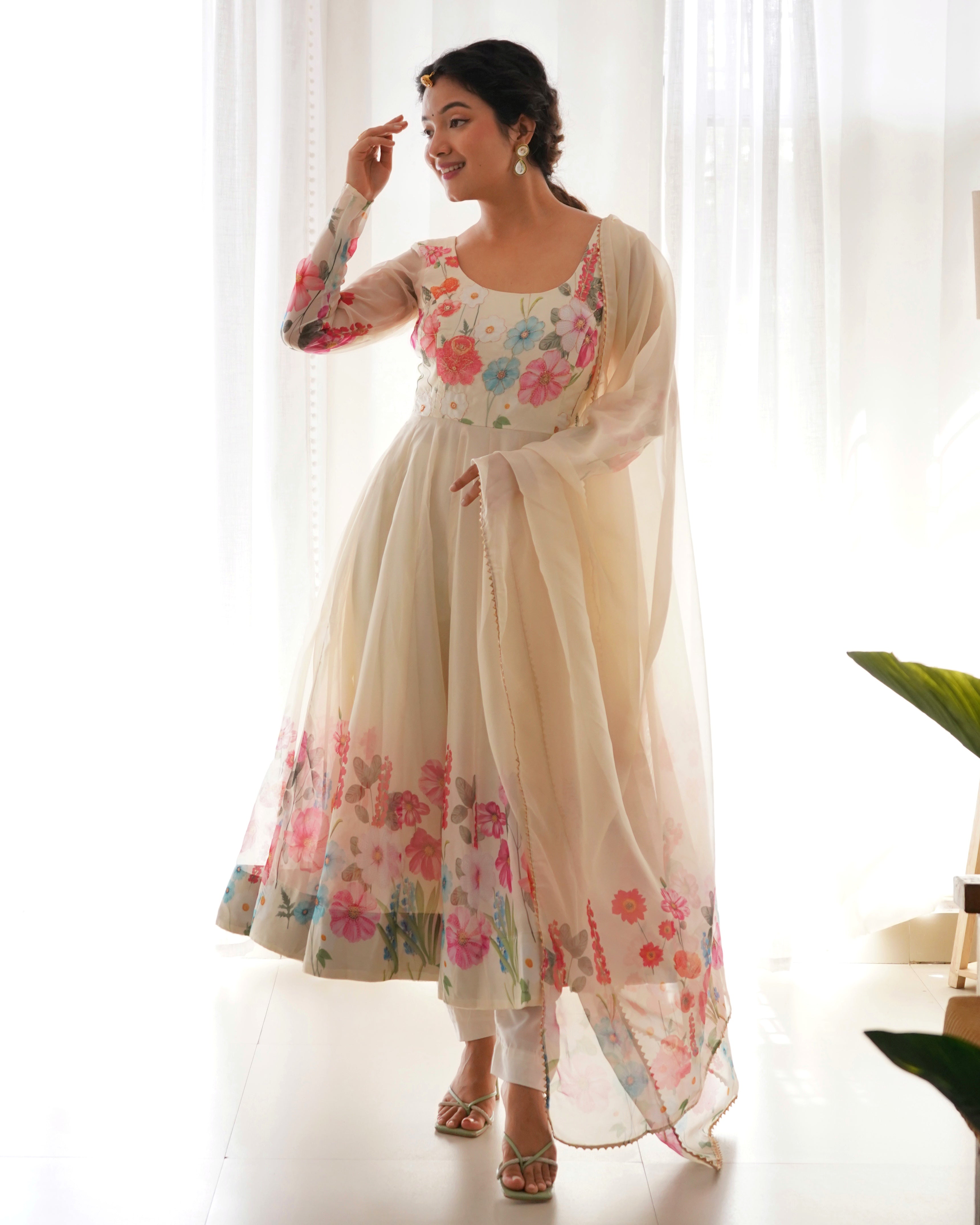 Organza Silk Anarkali Suit Set with Badla Jari Work and Dupatta