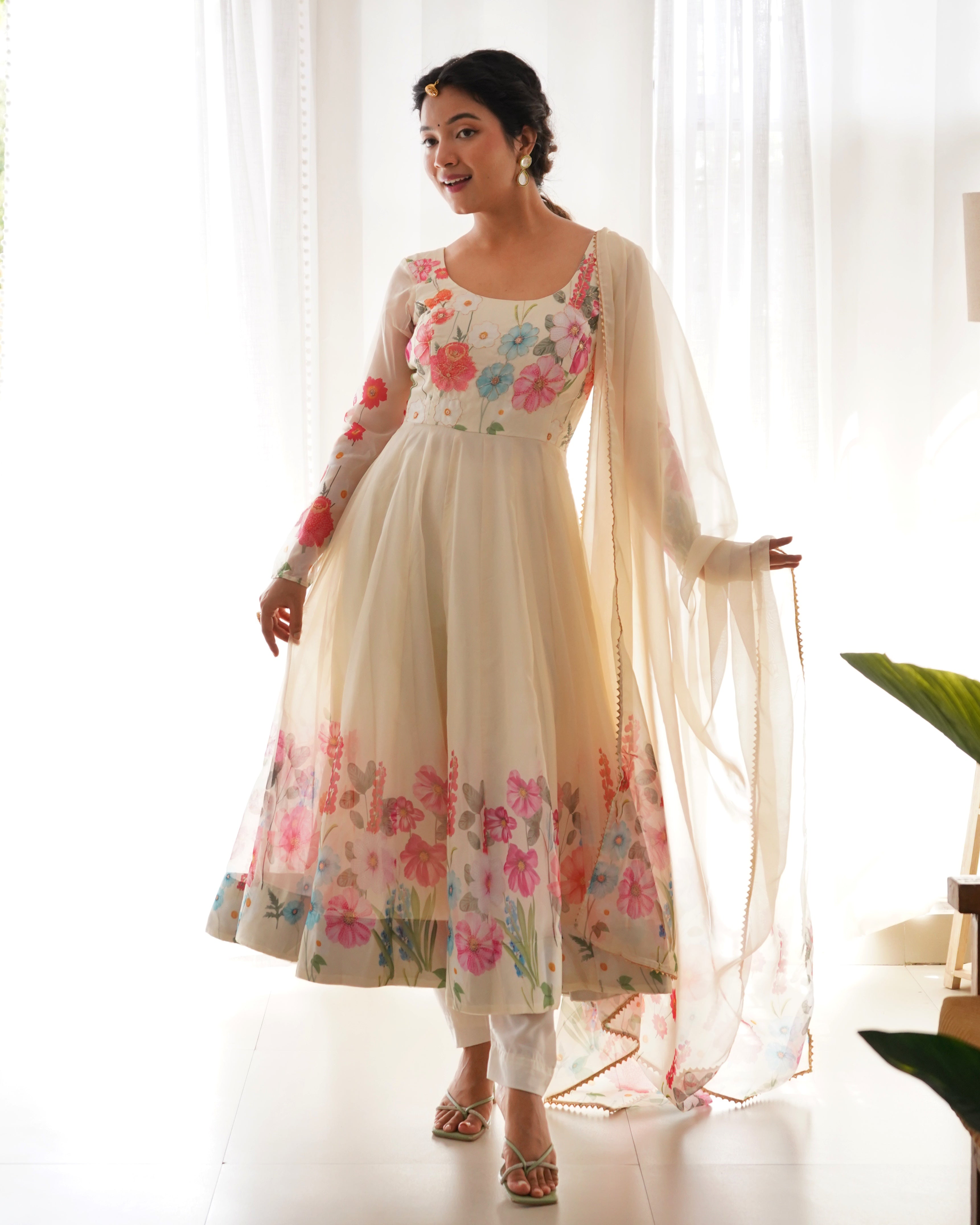 Organza Silk Anarkali Suit Set with Badla Jari Work and Dupatta