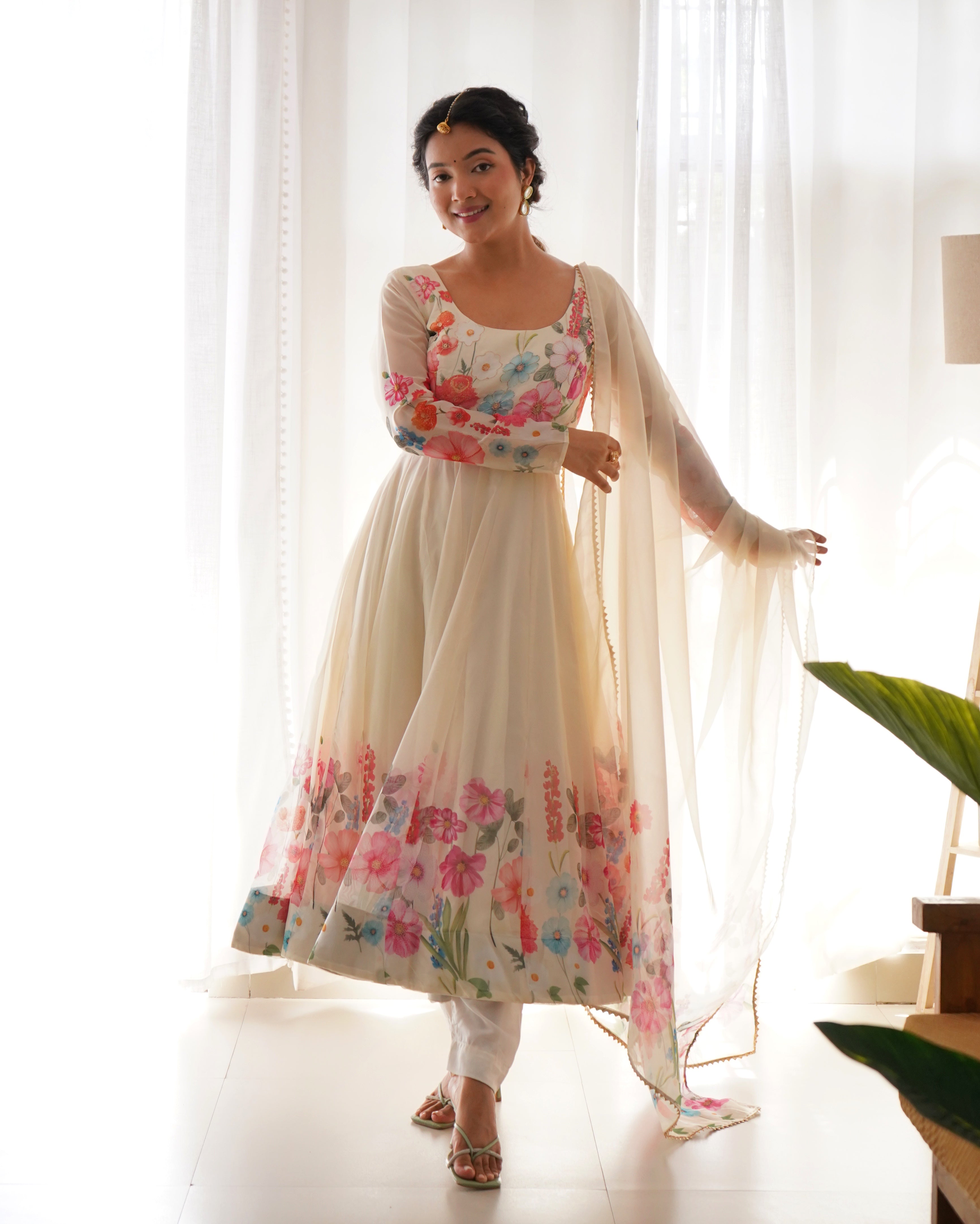 Organza Silk Anarkali Suit Set with Badla Jari Work and Dupatta