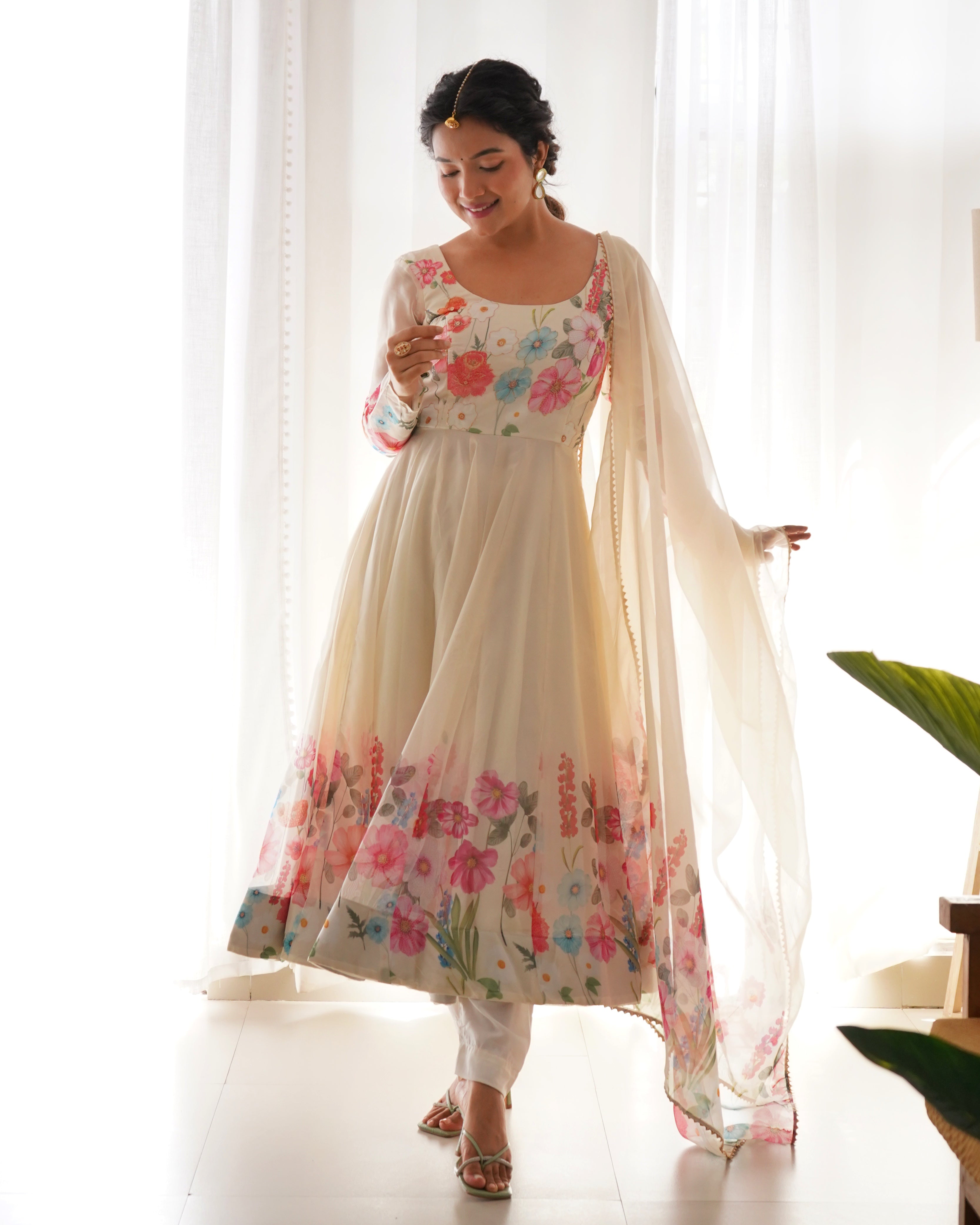 Organza Silk Anarkali Suit Set with Badla Jari Work and Dupatta