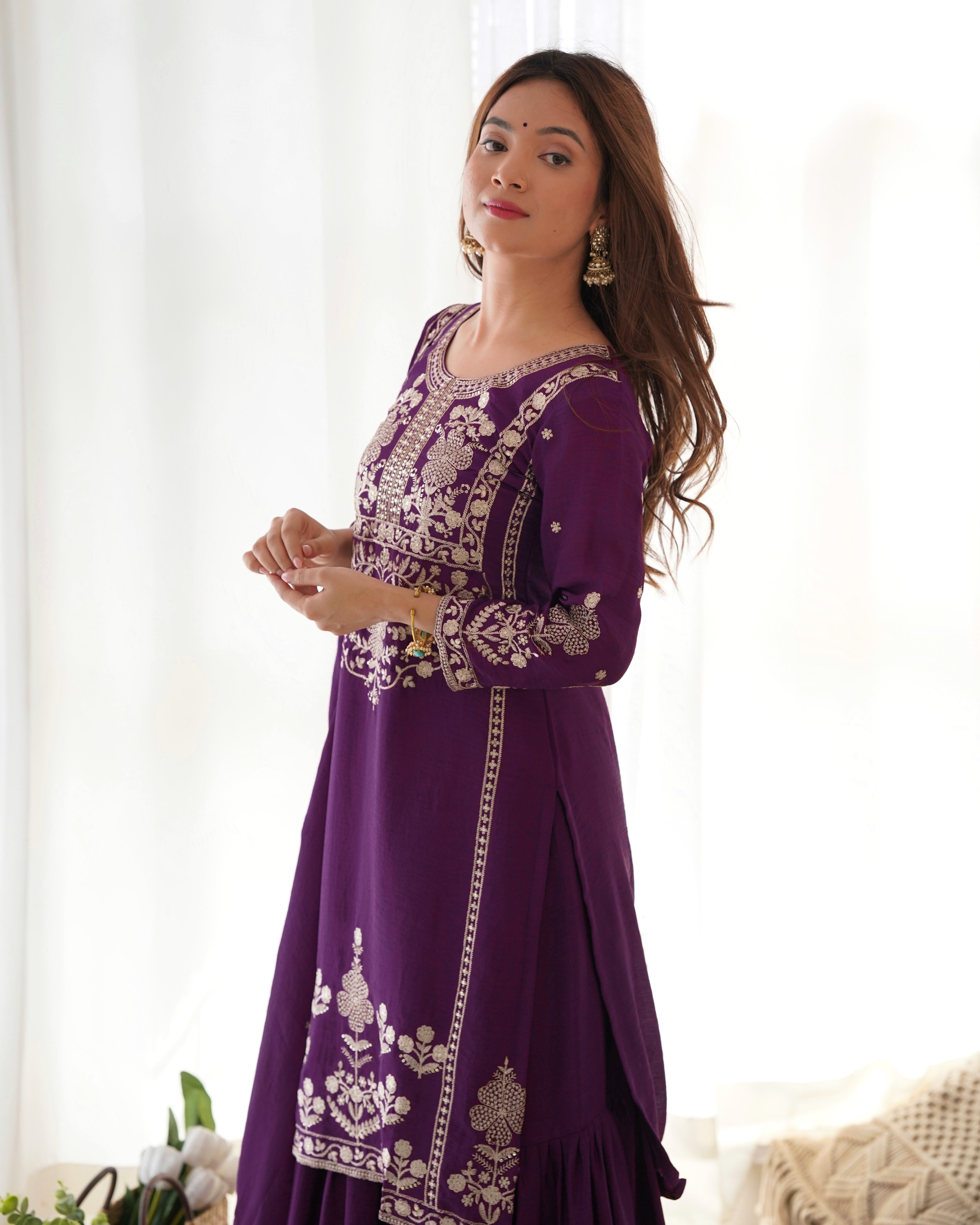 Embroidered Pure Chinnon Silk Kediya Kurta Sharara Set with Dupatta
