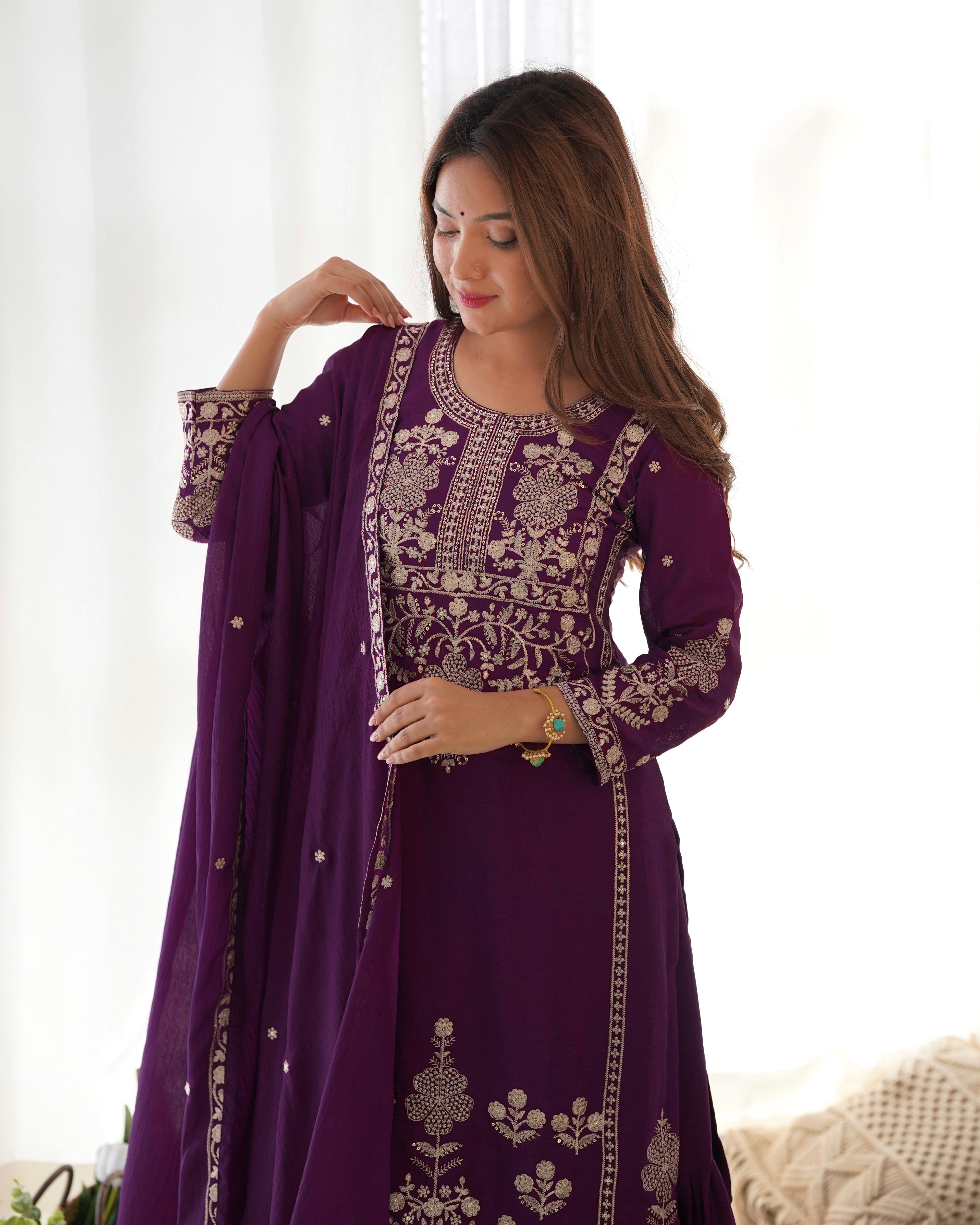 Embroidered Pure Chinnon Silk Kediya Kurta Sharara Set with Dupatta
