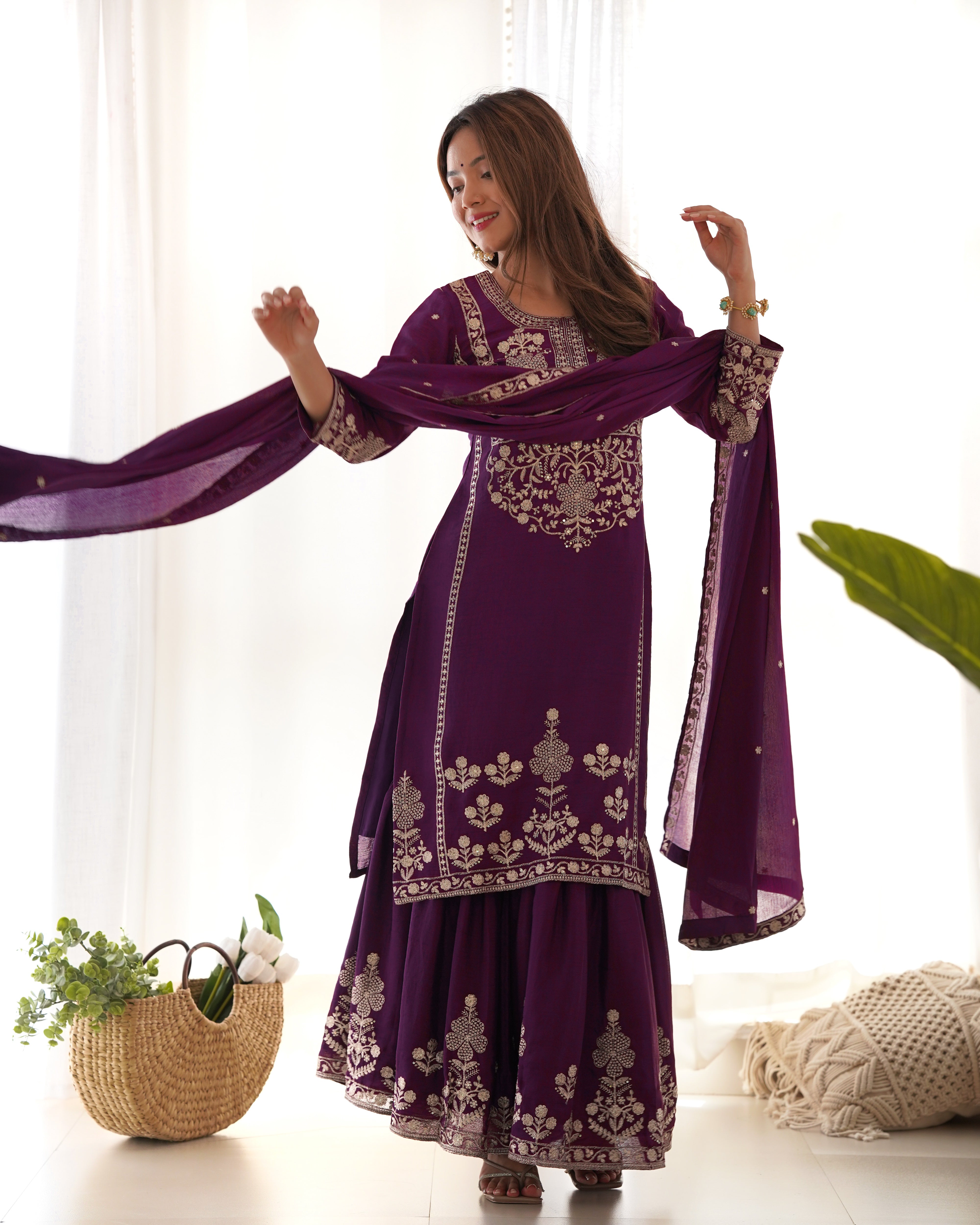 Embroidered Pure Chinnon Silk Kediya Kurta Sharara Set with Dupatta