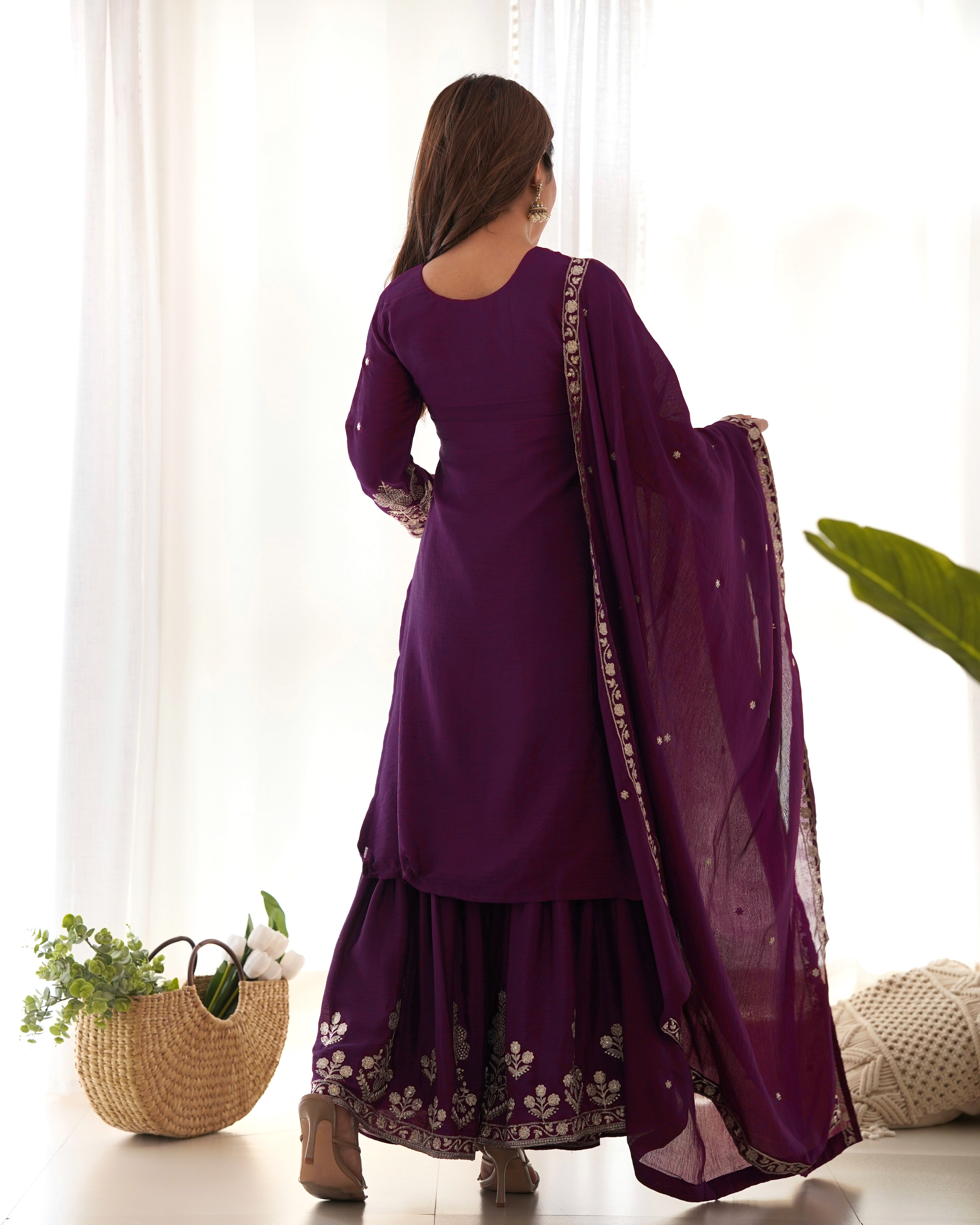 Embroidered Pure Chinnon Silk Kediya Kurta Sharara Set with Dupatta