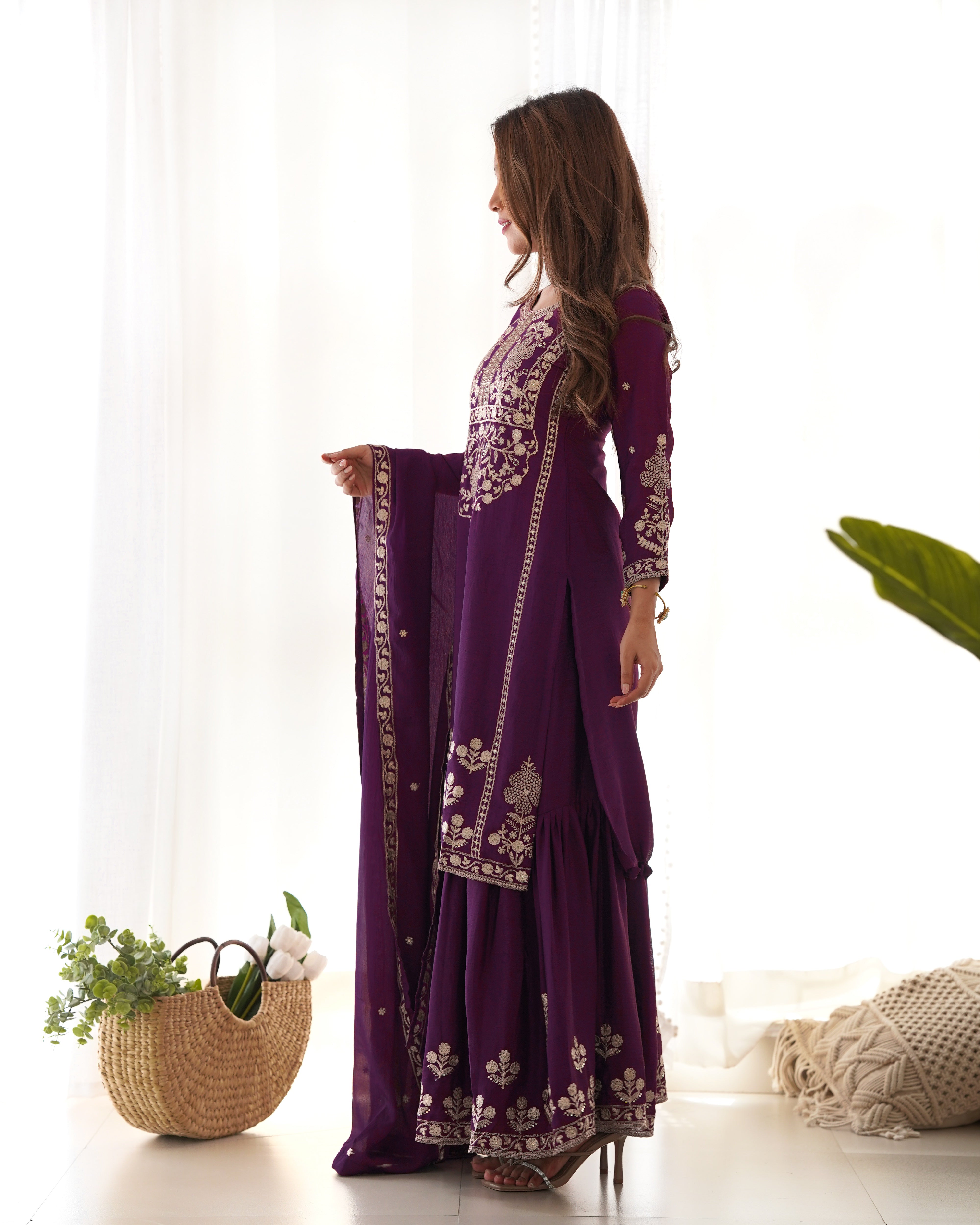 Embroidered Pure Chinnon Silk Kediya Kurta Sharara Set with Dupatta