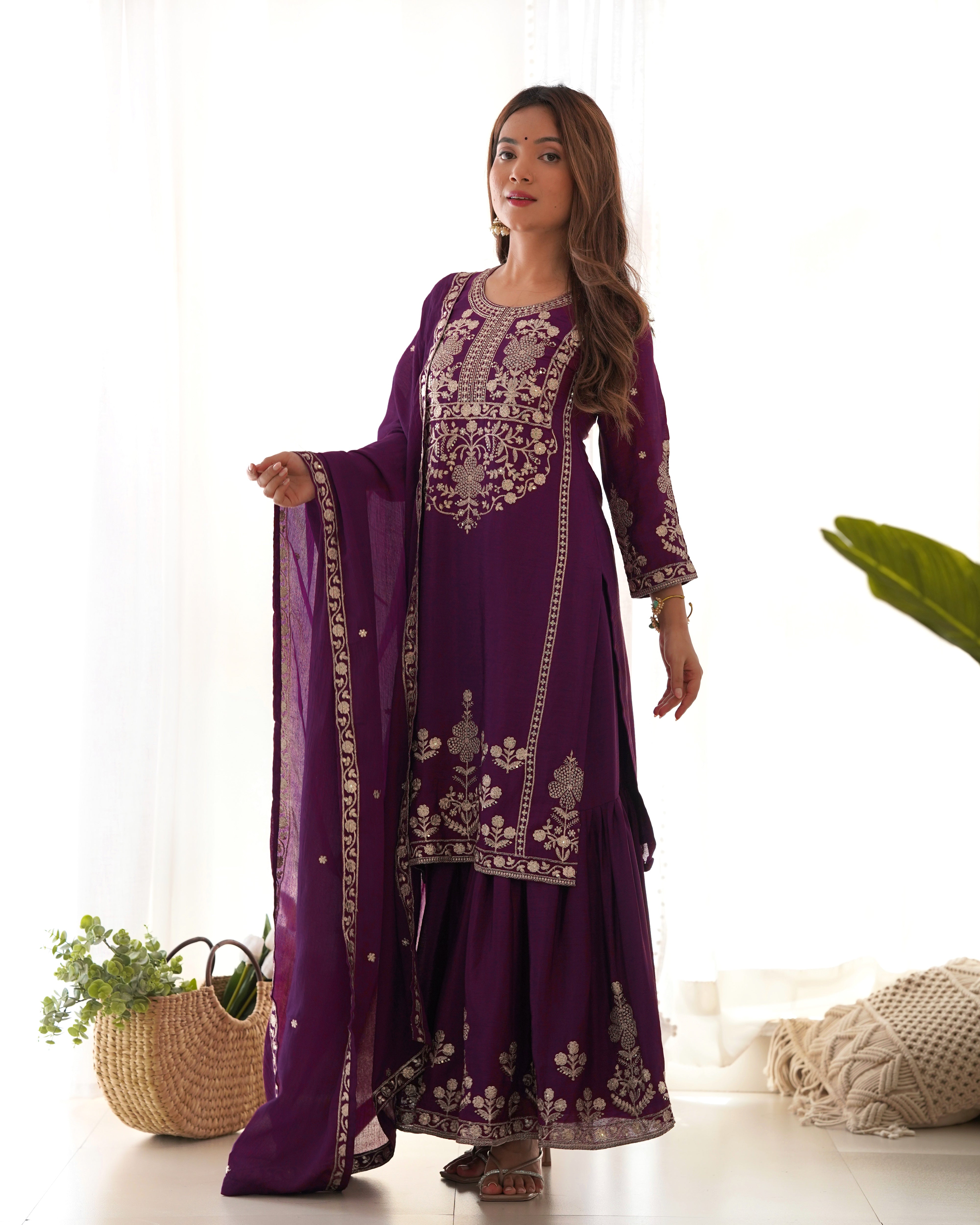 Embroidered Pure Chinnon Silk Kediya Kurta Sharara Set with Dupatta