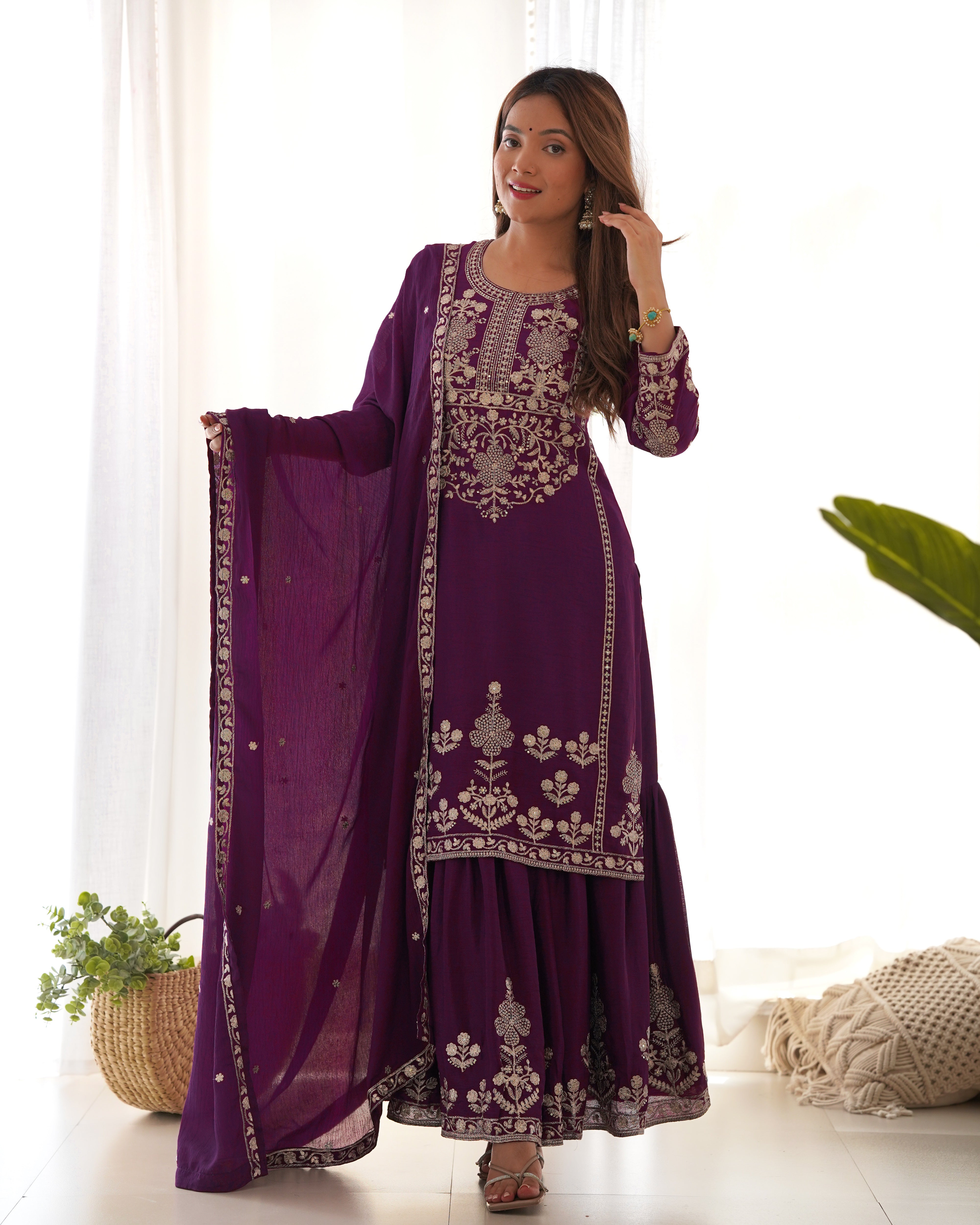 Embroidered Pure Chinnon Silk Kediya Kurta Sharara Set with Dupatta