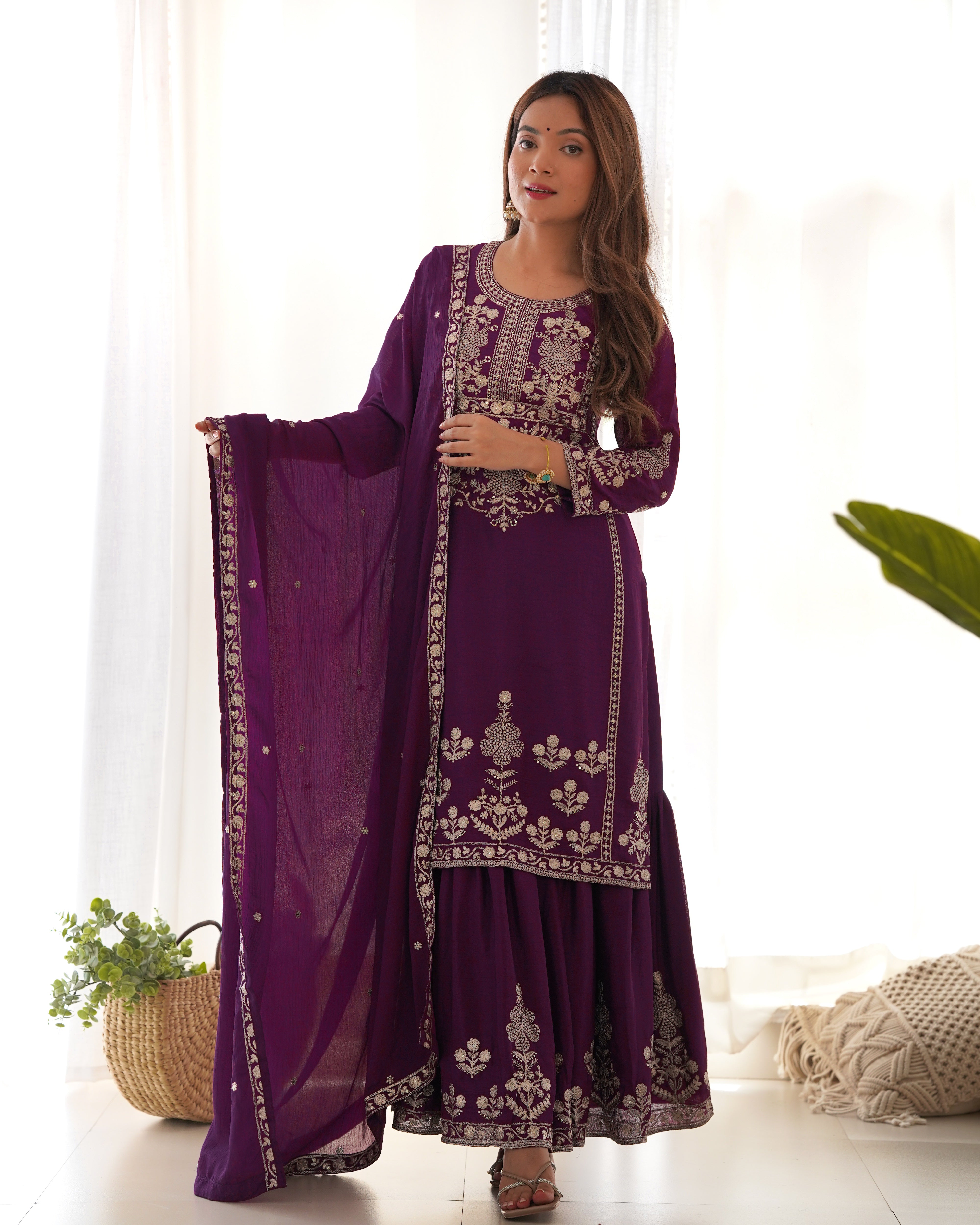 Embroidered Pure Chinnon Silk Kediya Kurta Sharara Set with Dupatta