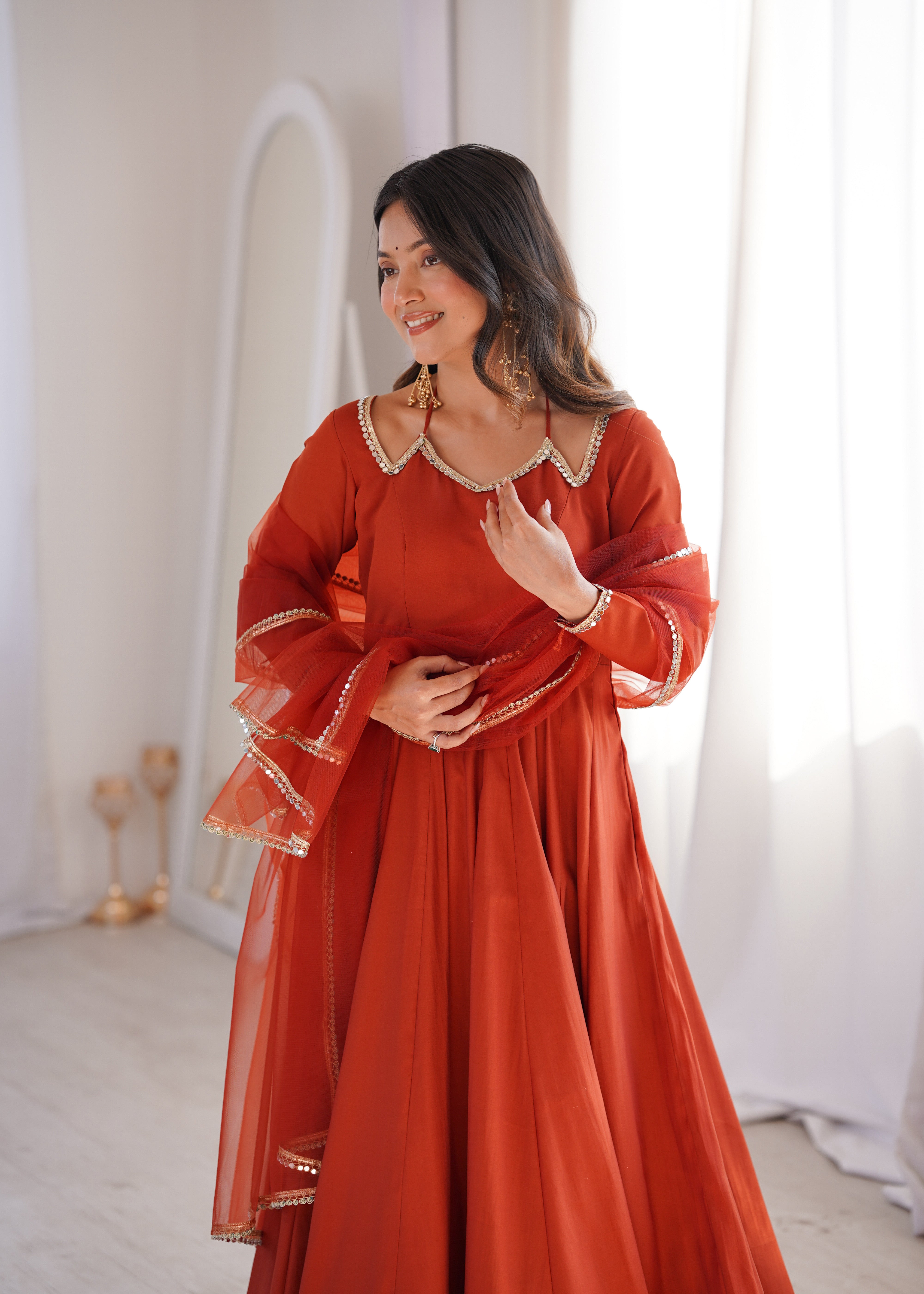 Women's Roman Silk Chanderi Anarkali Pant Dupatta Set with Mirror Lace Dupatta  Product Description: