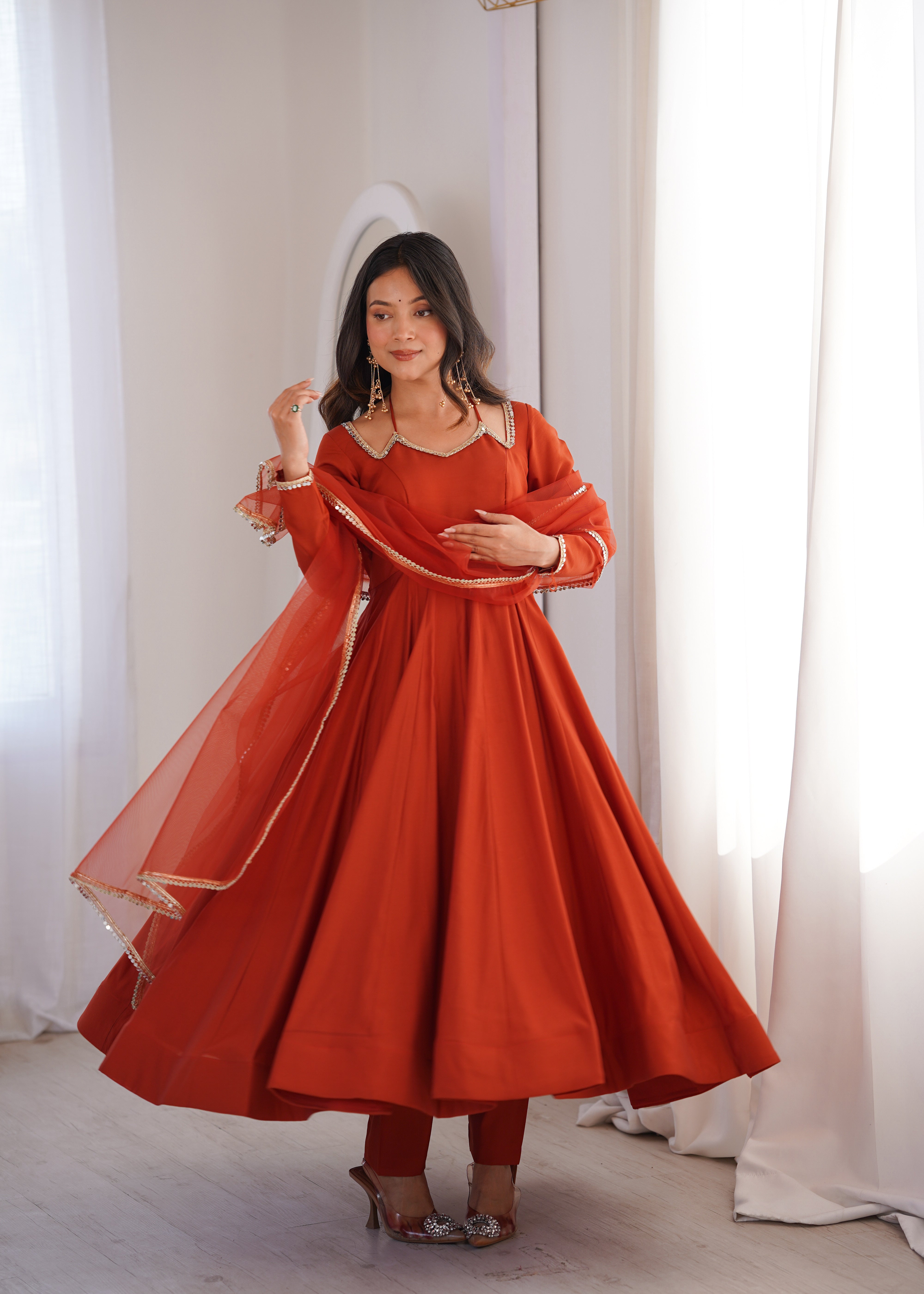 Women's Roman Silk Chanderi Anarkali Pant Dupatta Set with Mirror Lace Dupatta  Product Description: