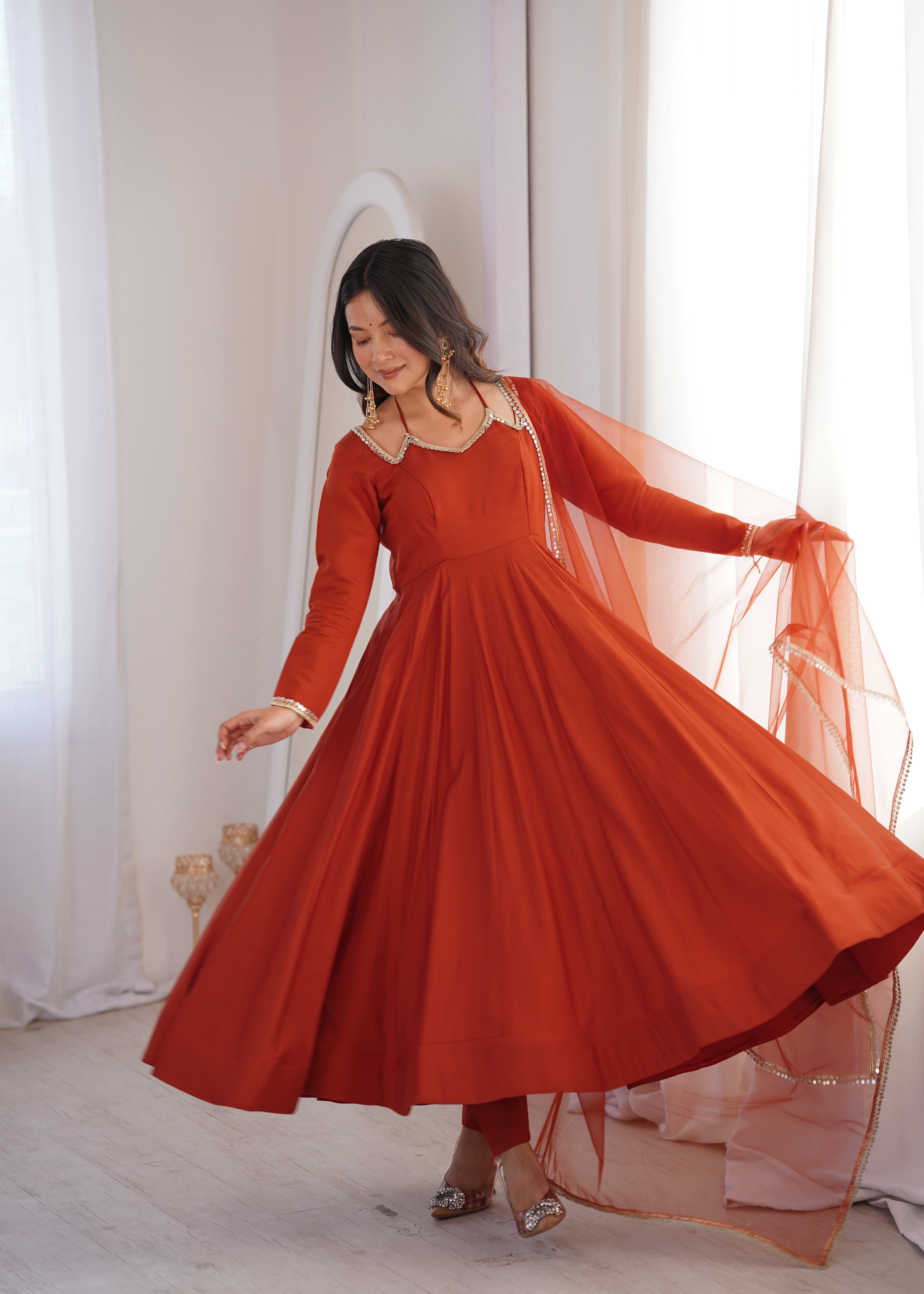 Women's Roman Silk Chanderi Anarkali Pant Dupatta Set with Mirror Lace Dupatta  Product Description: