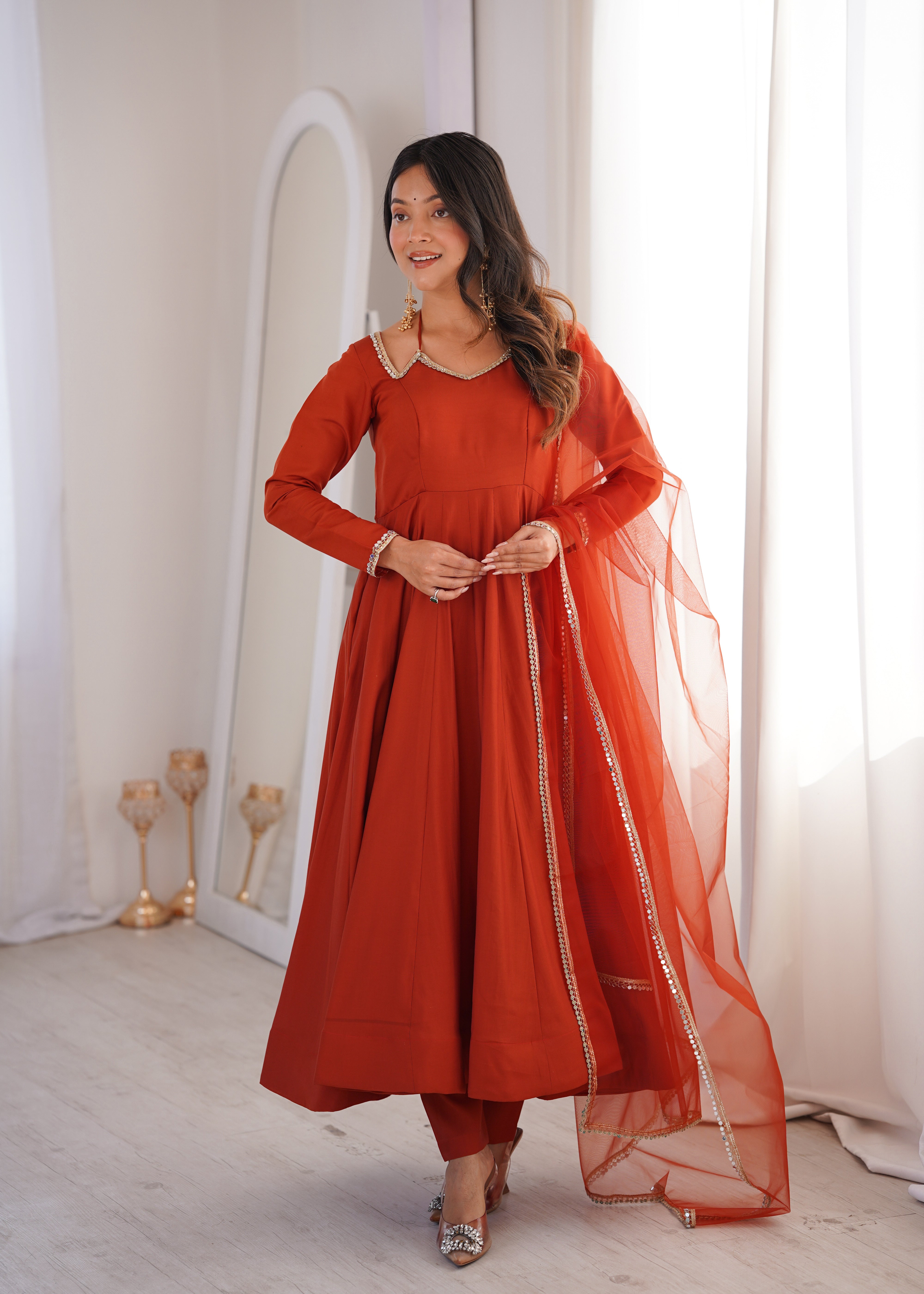 Women's Roman Silk Chanderi Anarkali Pant Dupatta Set with Mirror Lace Dupatta  Product Description: