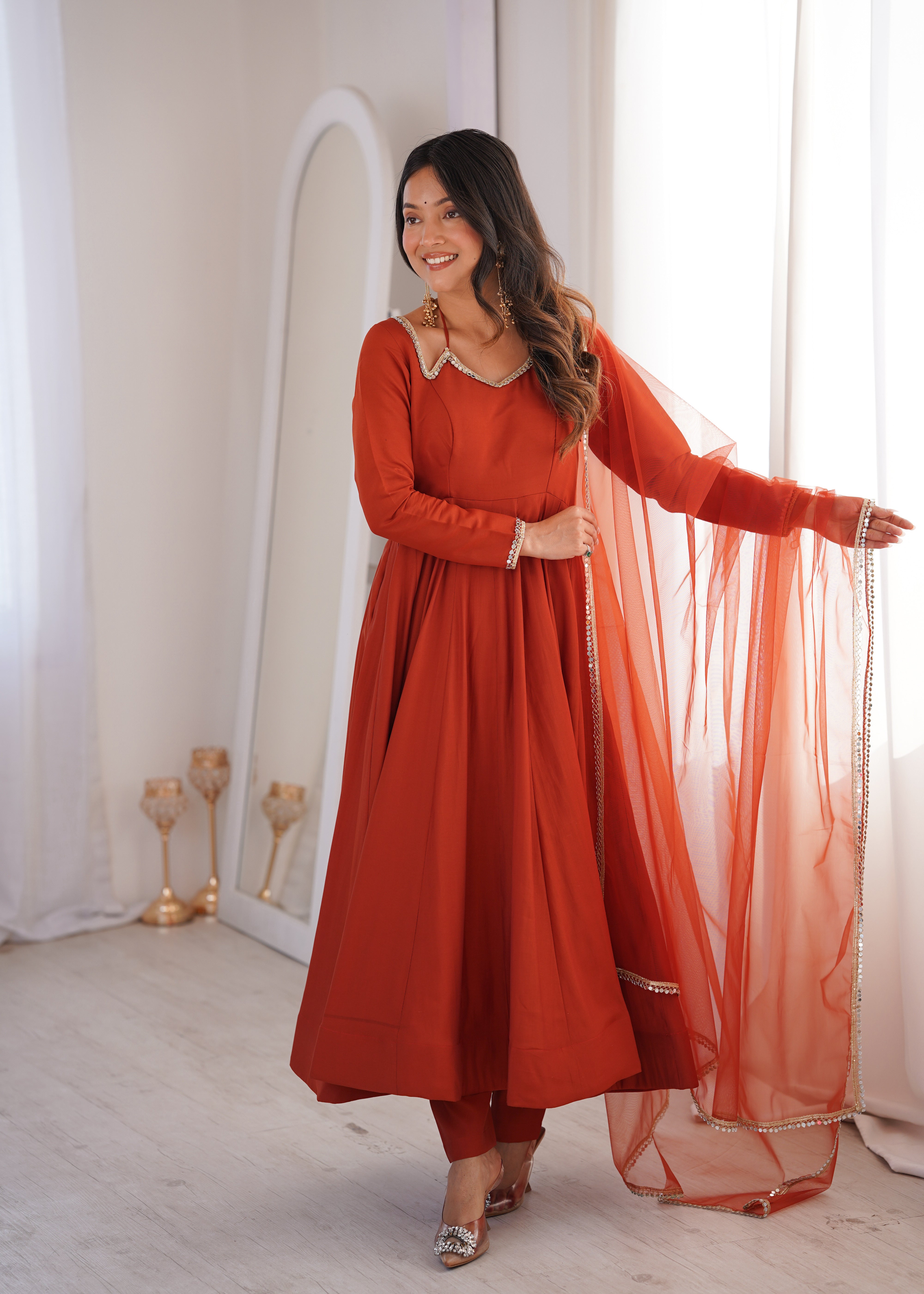 Women's Roman Silk Chanderi Anarkali Pant Dupatta Set with Mirror Lace Dupatta  Product Description: