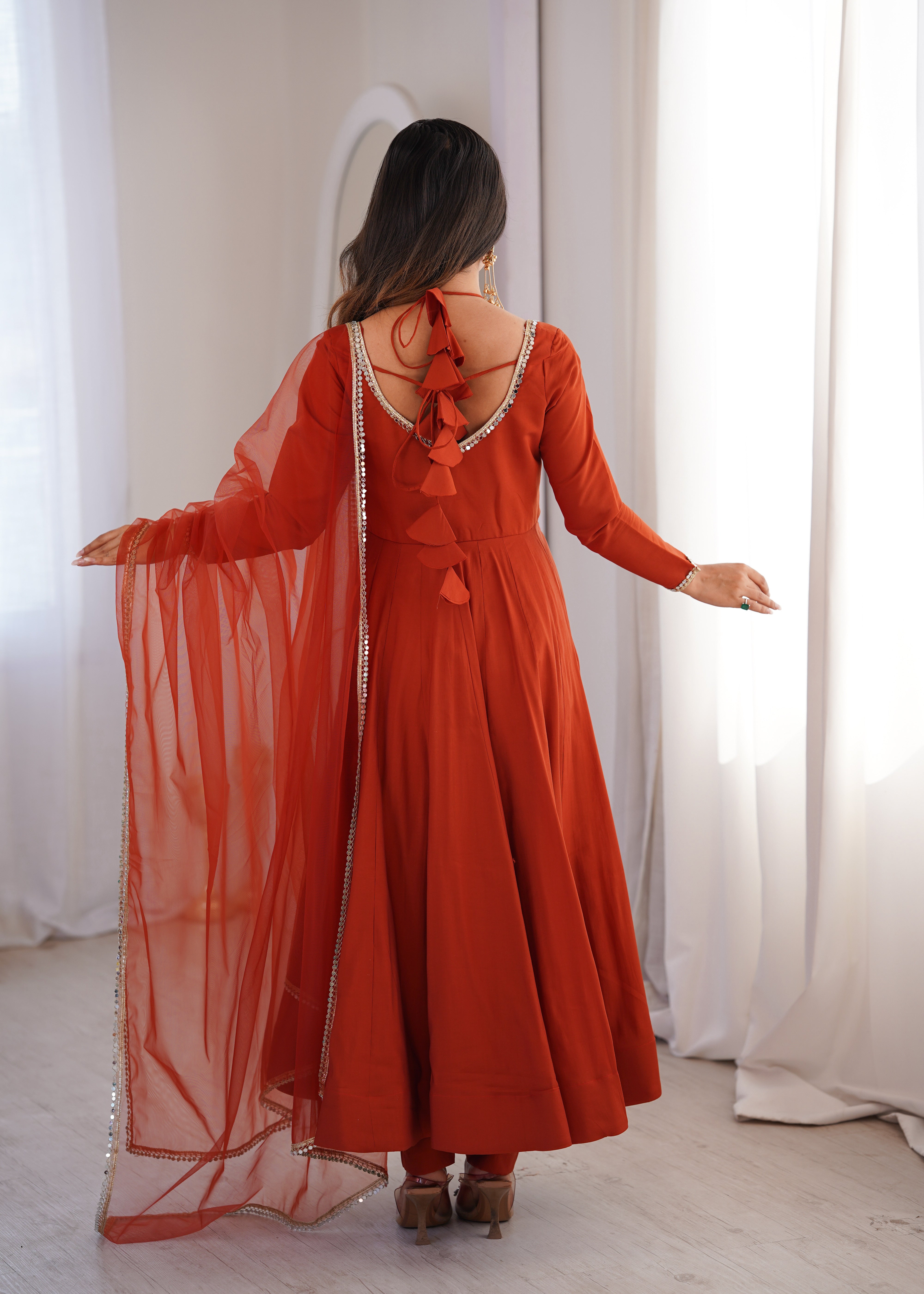 Women's Roman Silk Chanderi Anarkali Pant Dupatta Set with Mirror Lace Dupatta  Product Description: