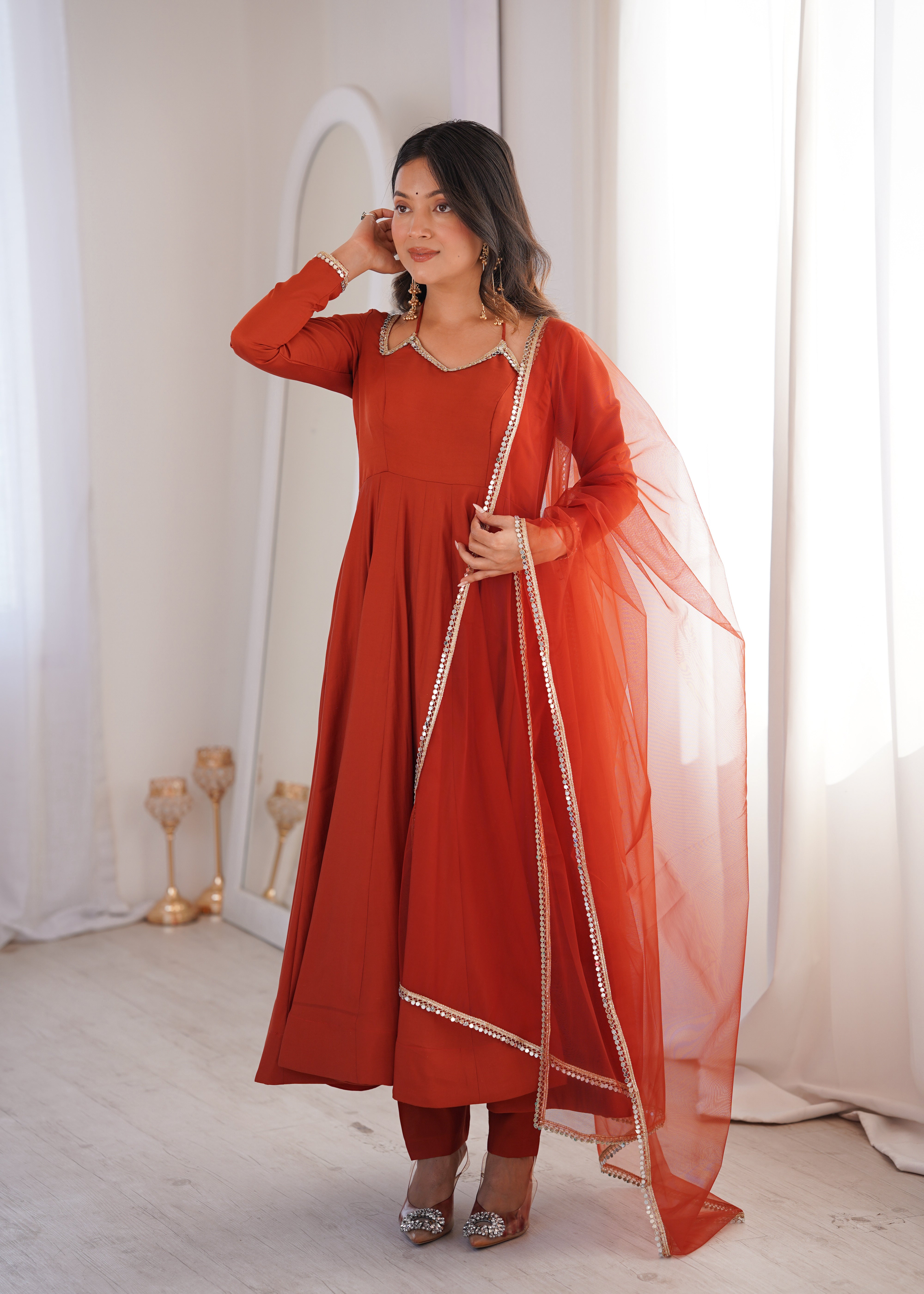 Women's Roman Silk Chanderi Anarkali Pant Dupatta Set with Mirror Lace Dupatta  Product Description: