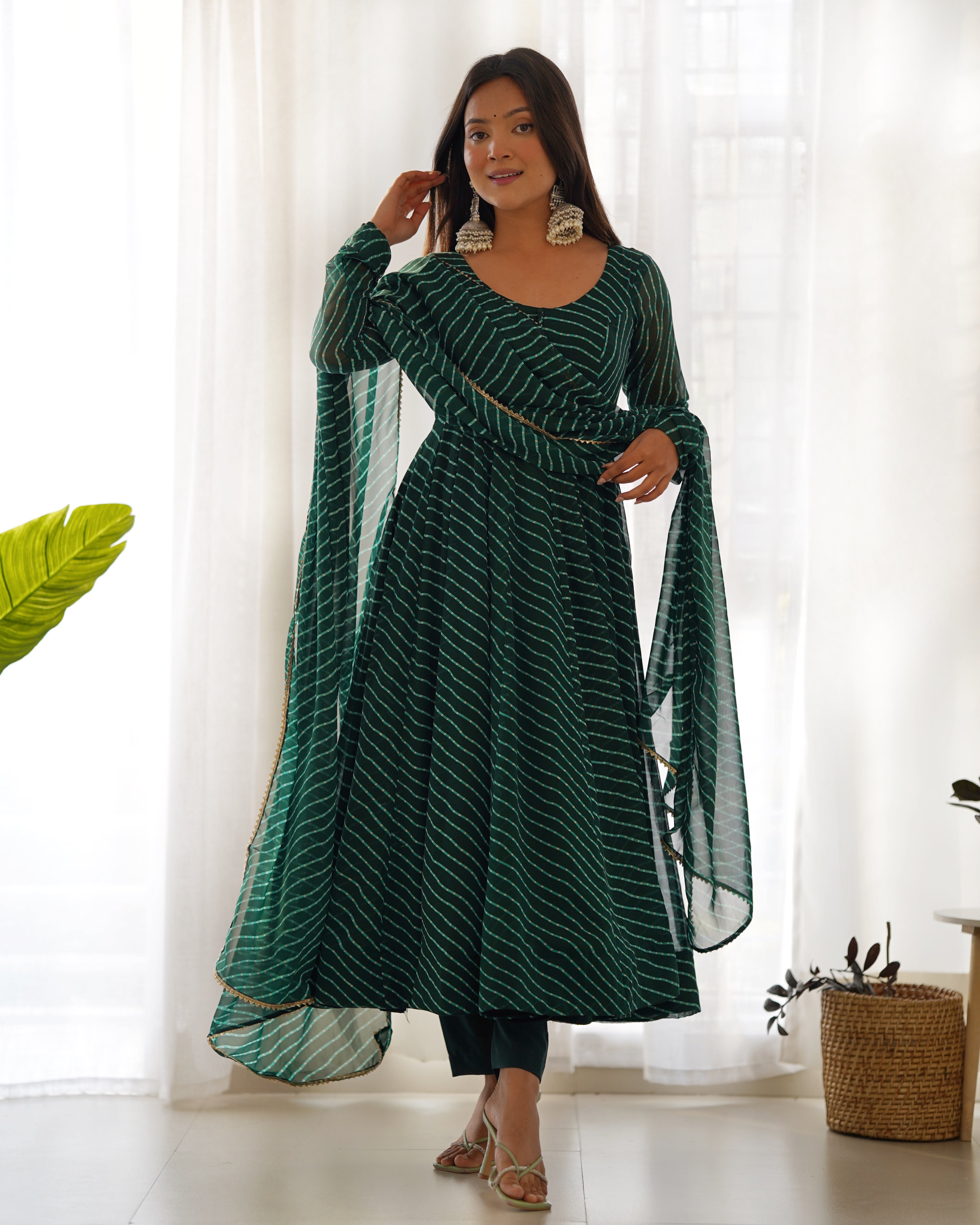 Women's Pure Fox Georgette Laheriya Print Anarkali Pant Dupatta Set