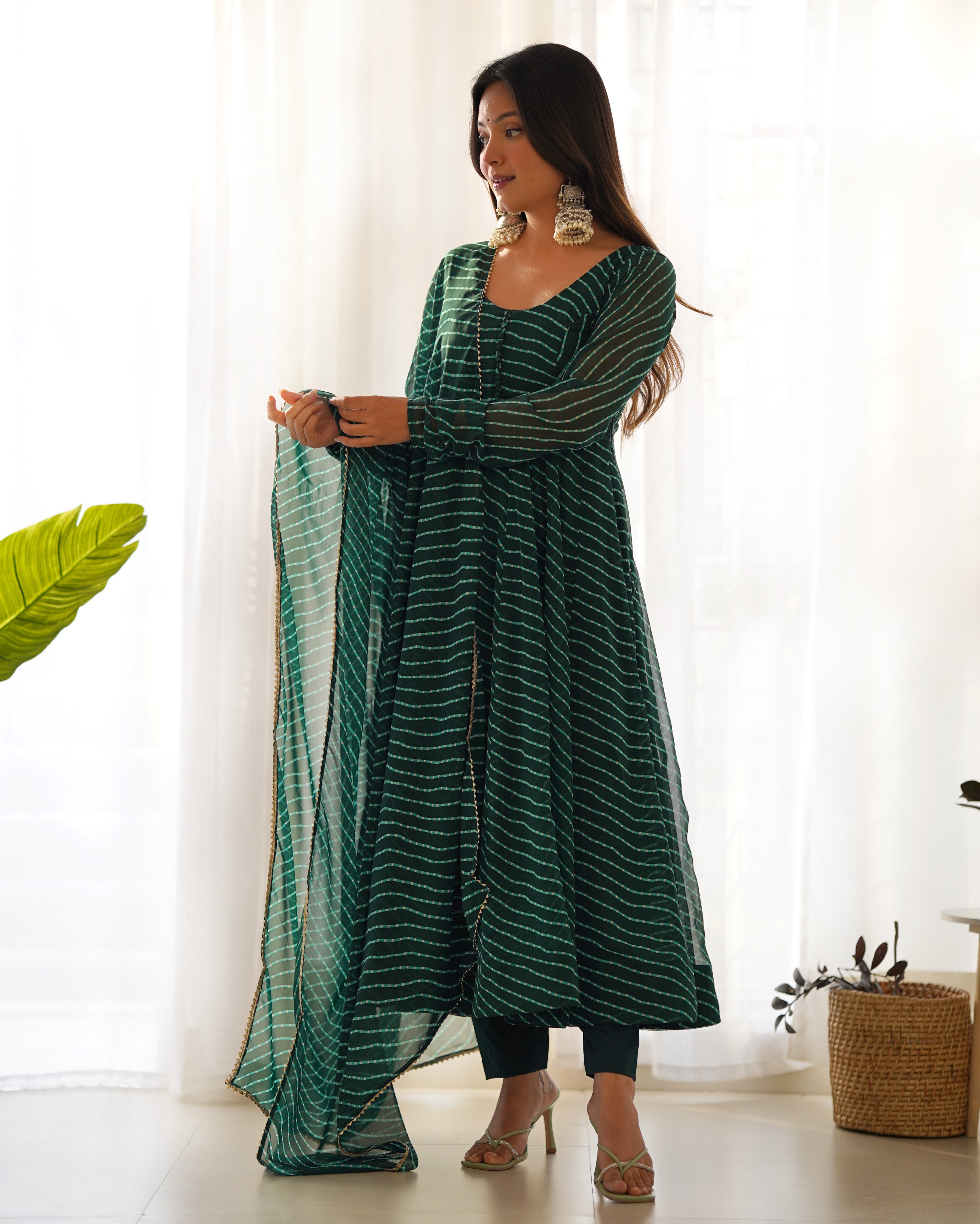 Women's Pure Fox Georgette Laheriya Print Anarkali Pant Dupatta Set