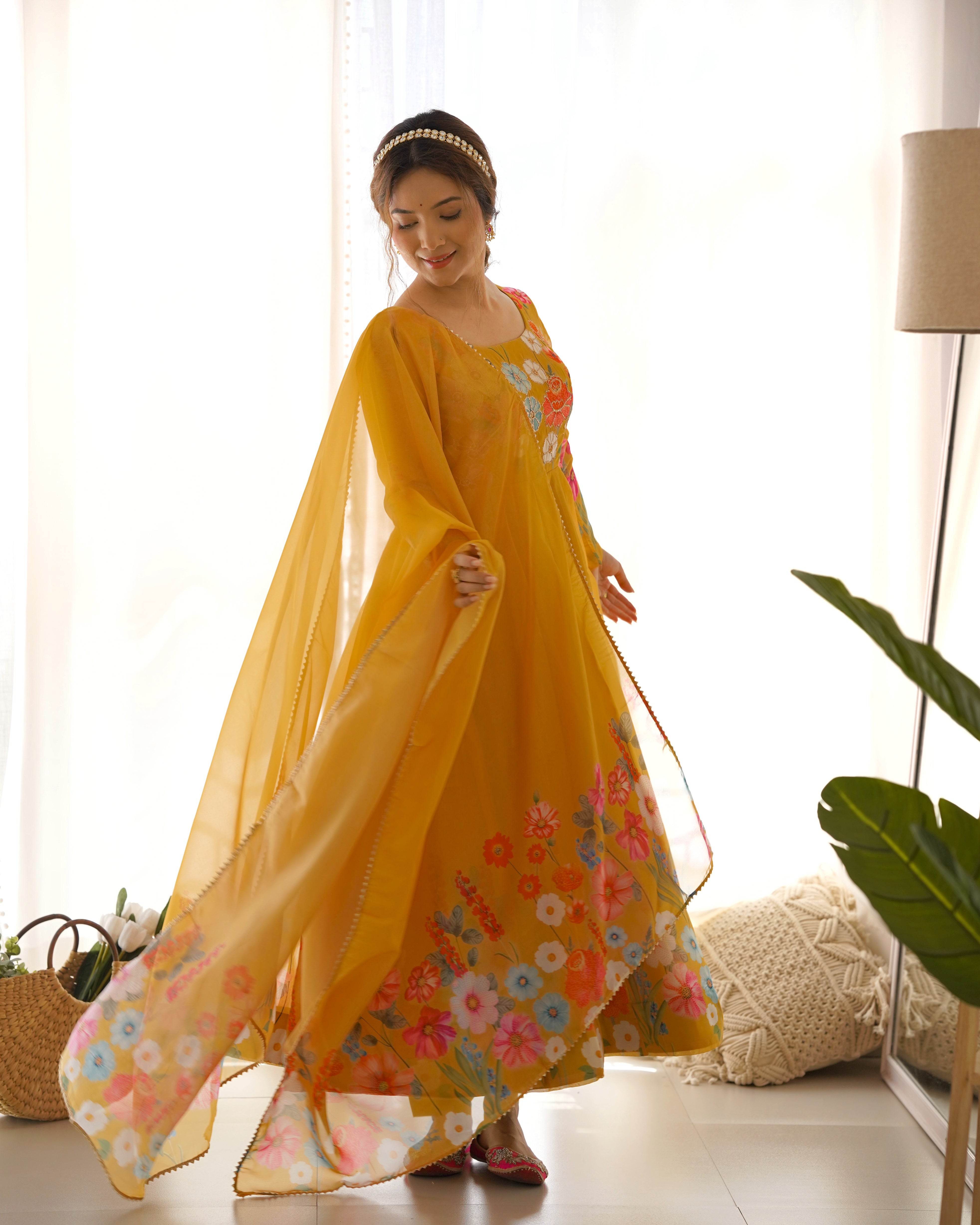 Organza Silk Anarkali Suit Set with Badla Jari Work and Dupatta