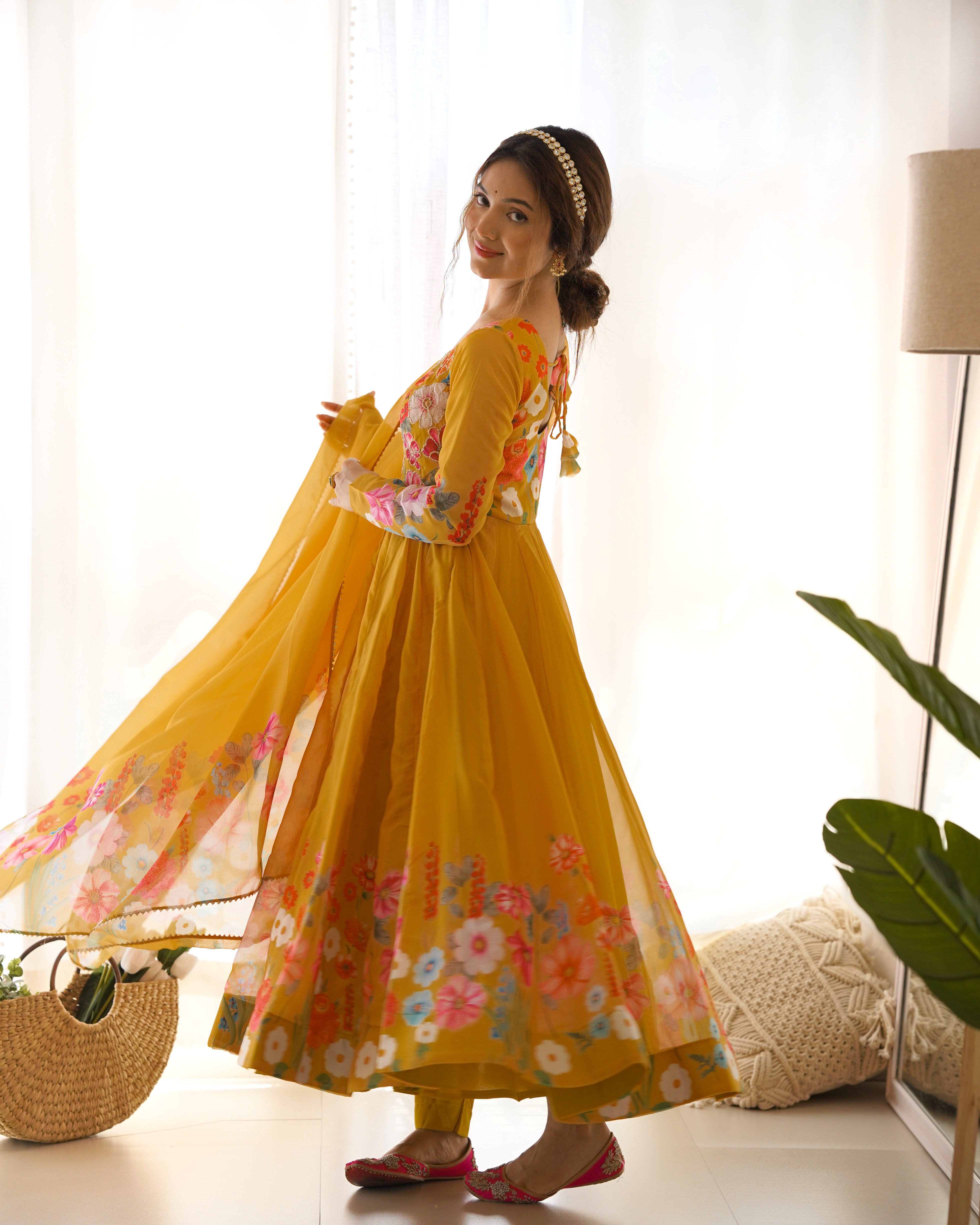 Organza Silk Anarkali Suit Set with Badla Jari Work and Dupatta