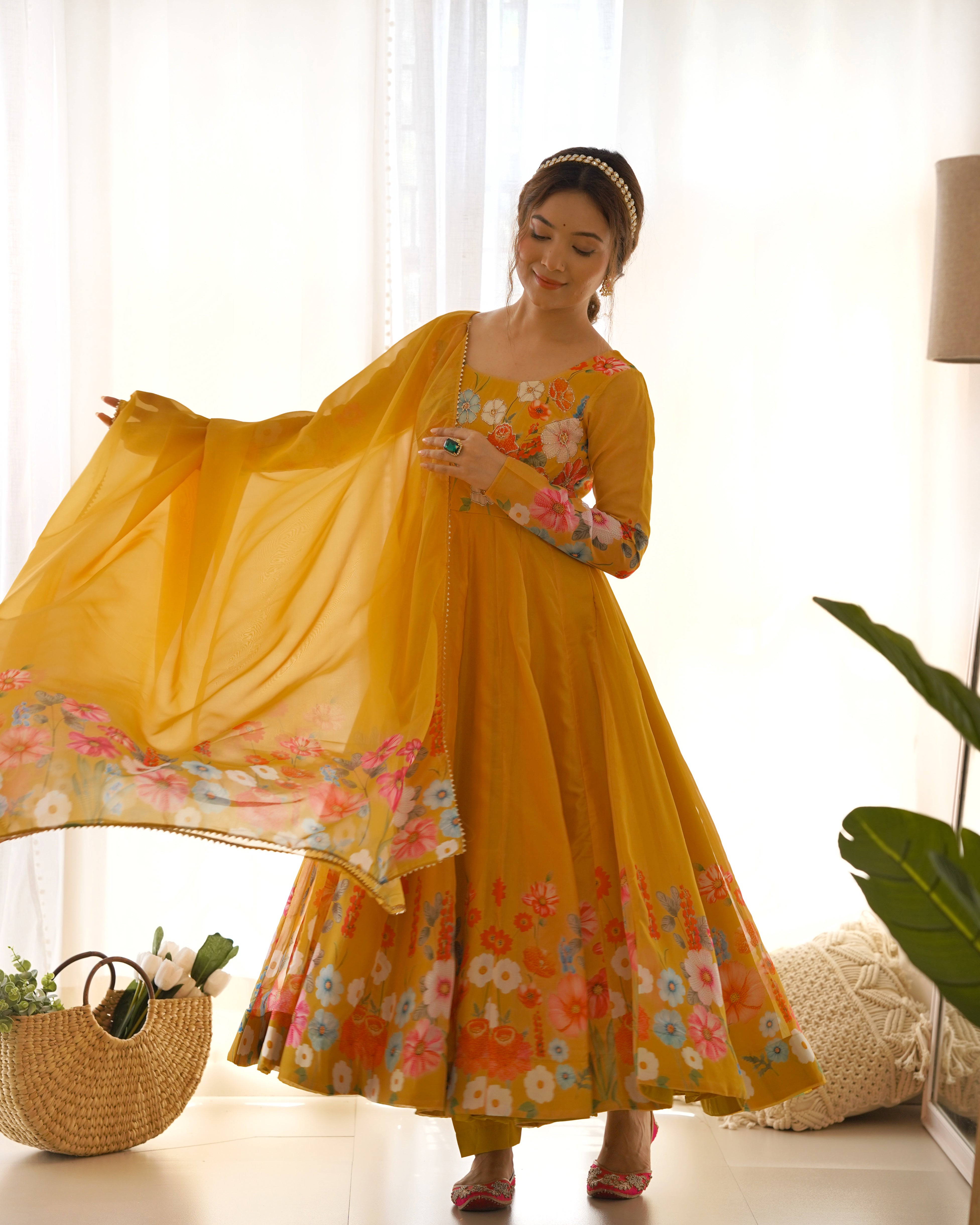 Organza Silk Anarkali Suit Set with Badla Jari Work and Dupatta
