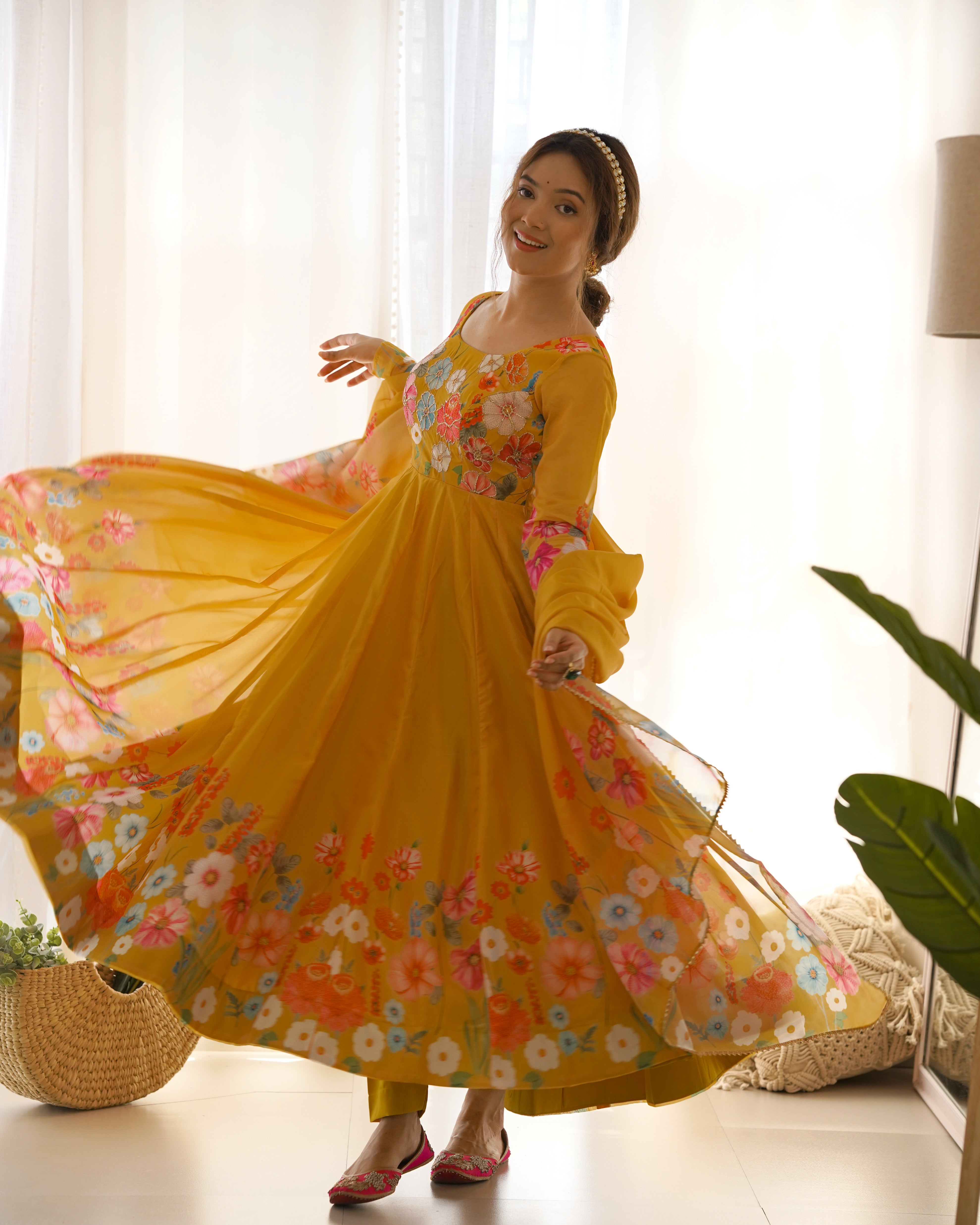 Organza Silk Anarkali Suit Set with Badla Jari Work and Dupatta