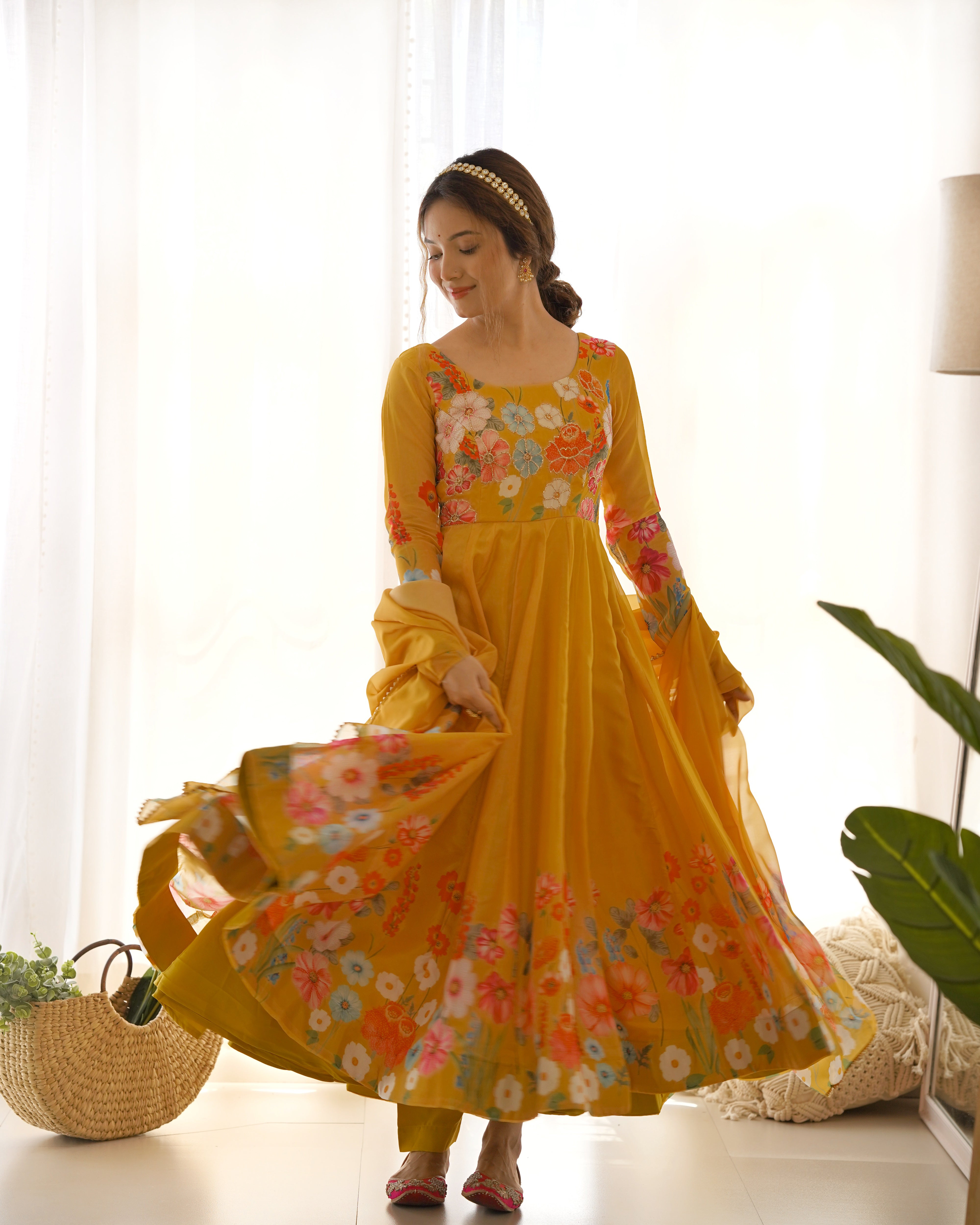 Organza Silk Anarkali Suit Set with Badla Jari Work and Dupatta