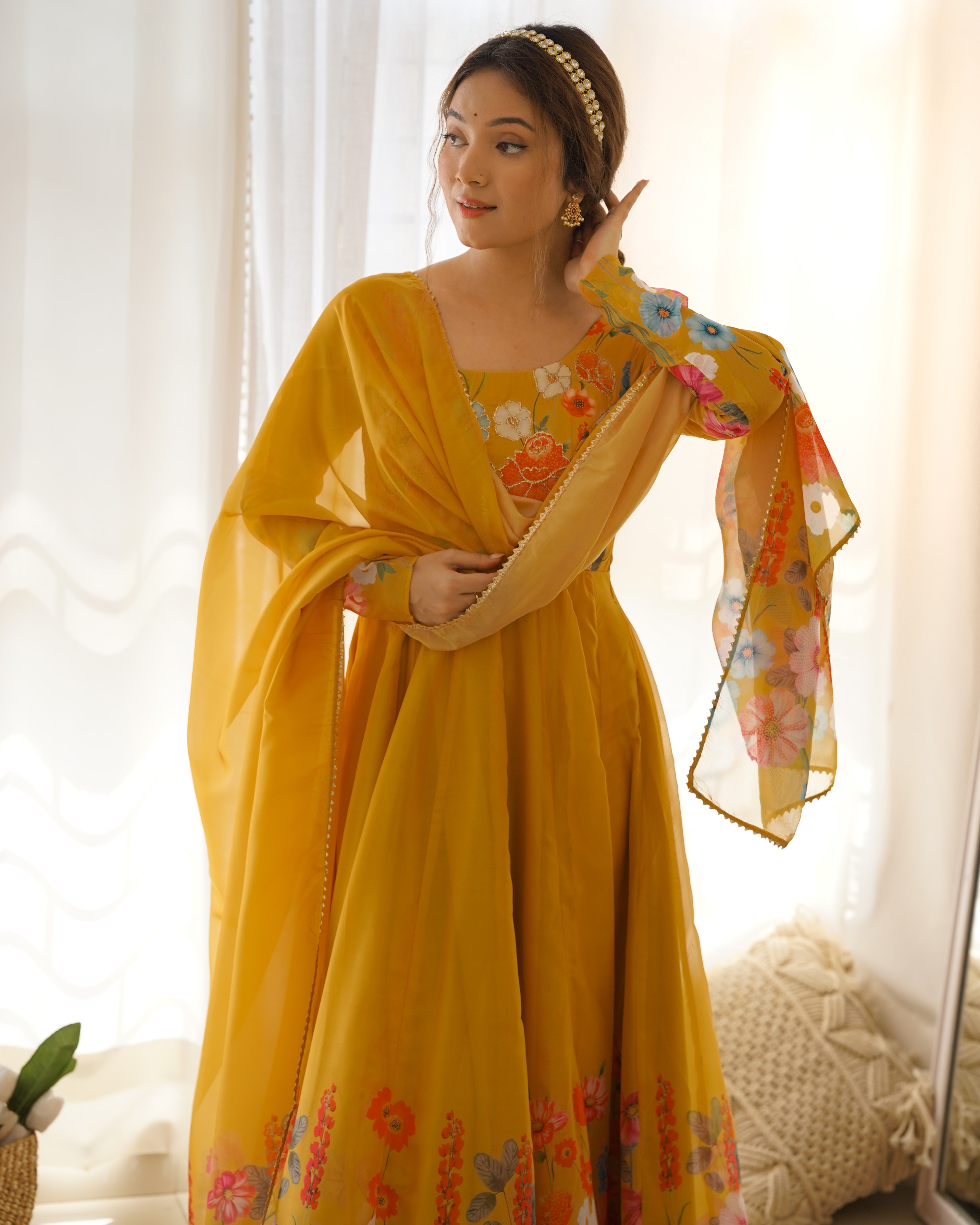 Organza Silk Anarkali Suit Set with Badla Jari Work and Dupatta