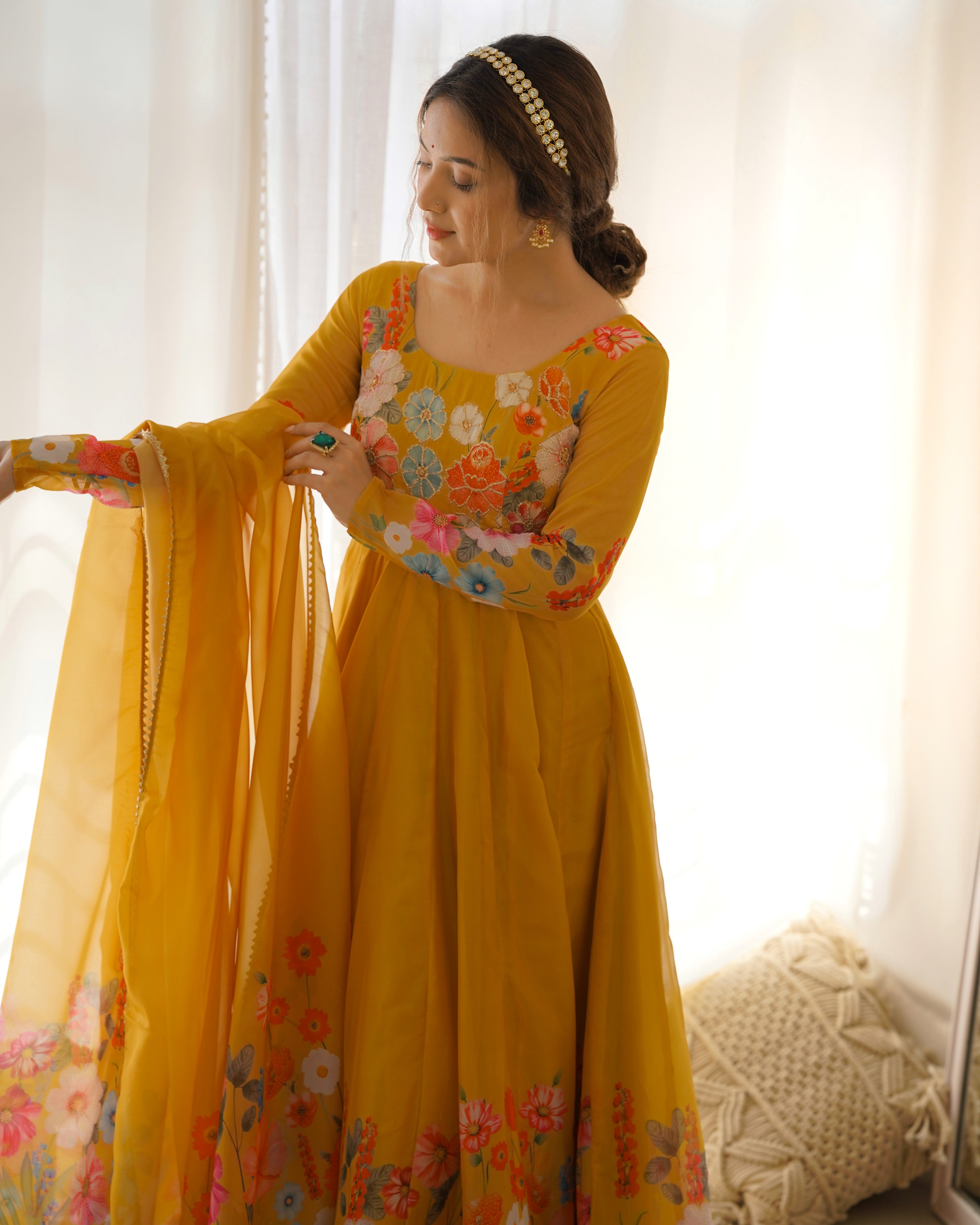 Organza Silk Anarkali Suit Set with Badla Jari Work and Dupatta