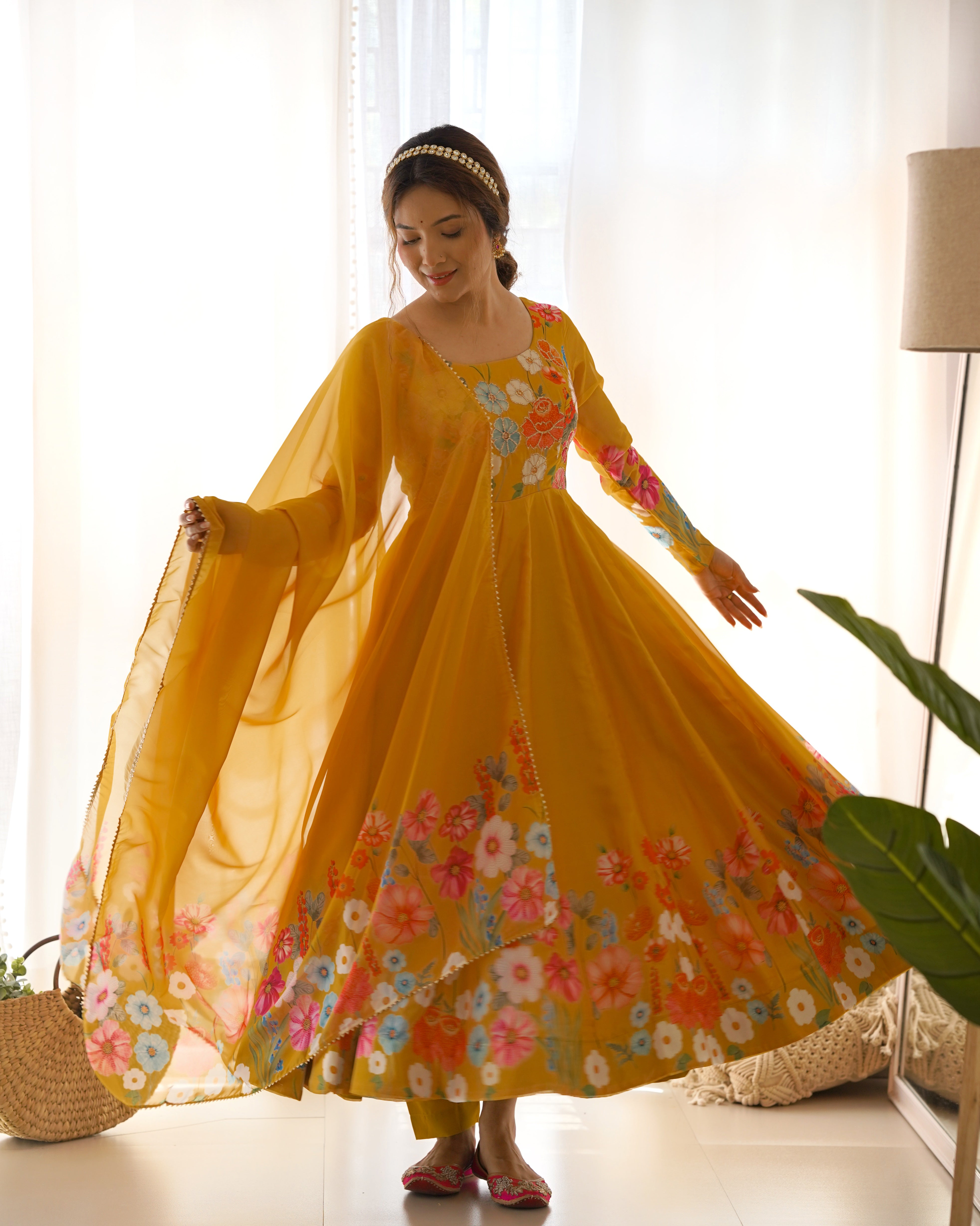 Organza Silk Anarkali Suit Set with Badla Jari Work and Dupatta