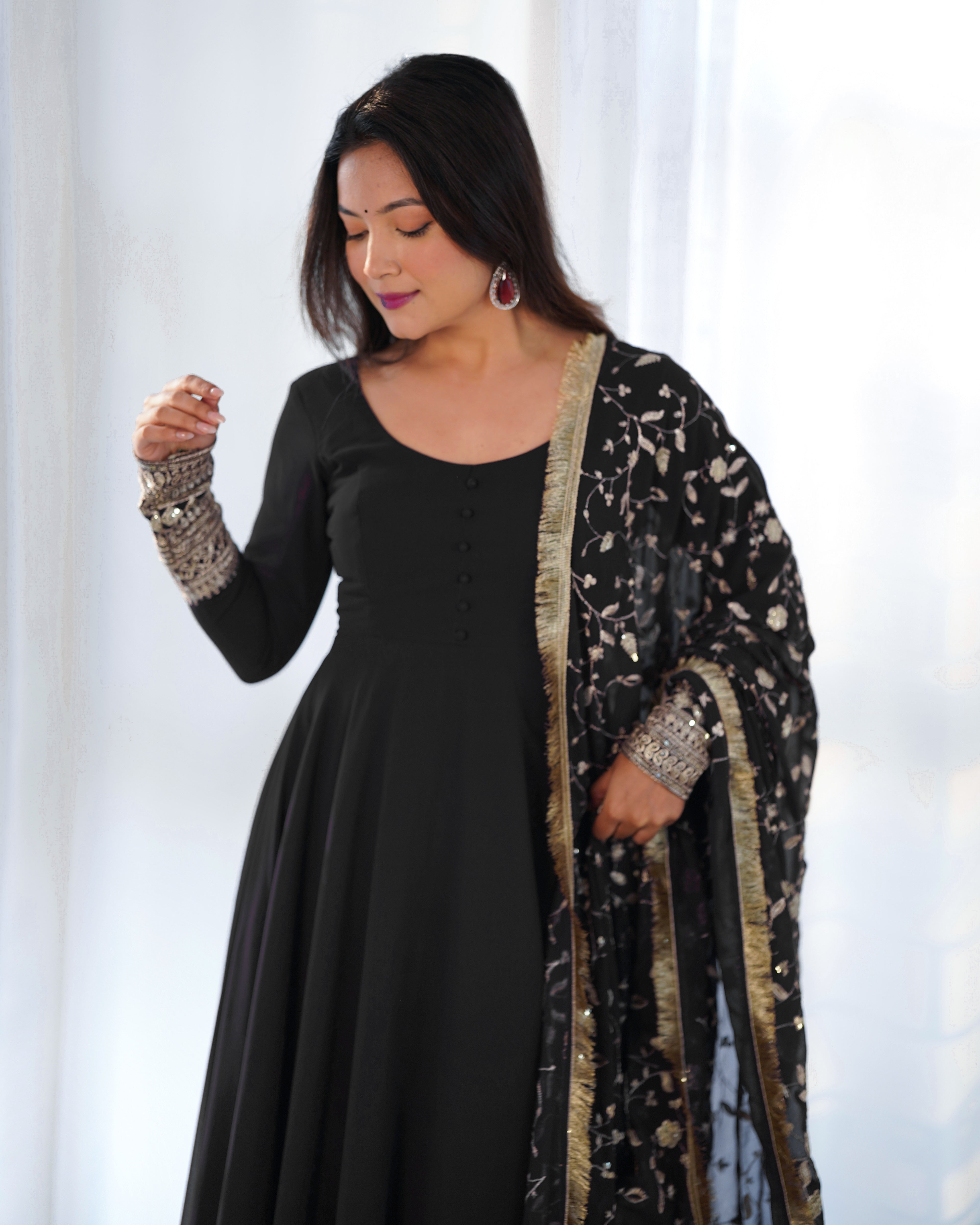 Women's Soft Fox Georgette Anarkali Gown Pant Dupatta Set with Sequence and Zari Work
