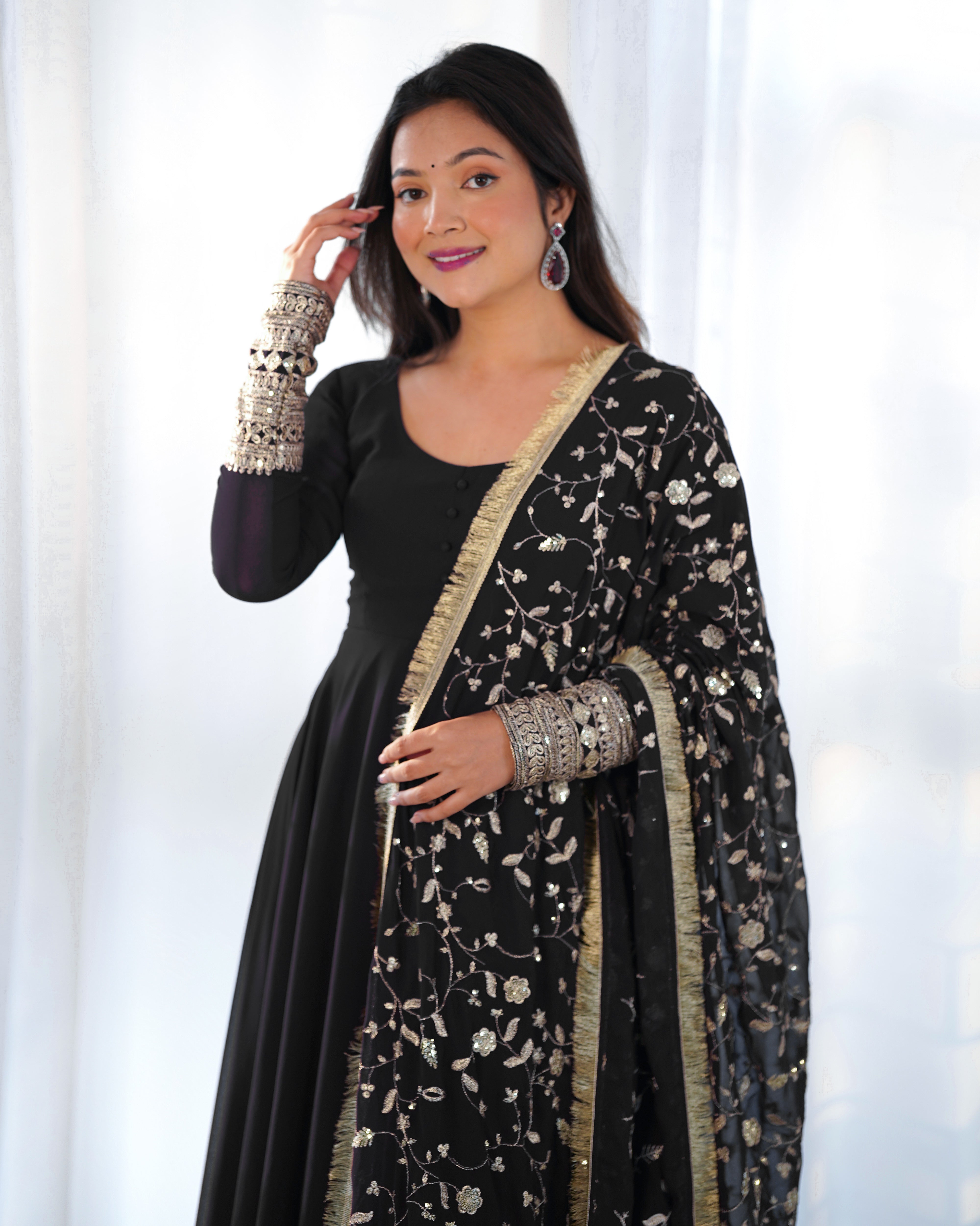 Women's Soft Fox Georgette Anarkali Gown Pant Dupatta Set with Sequence and Zari Work