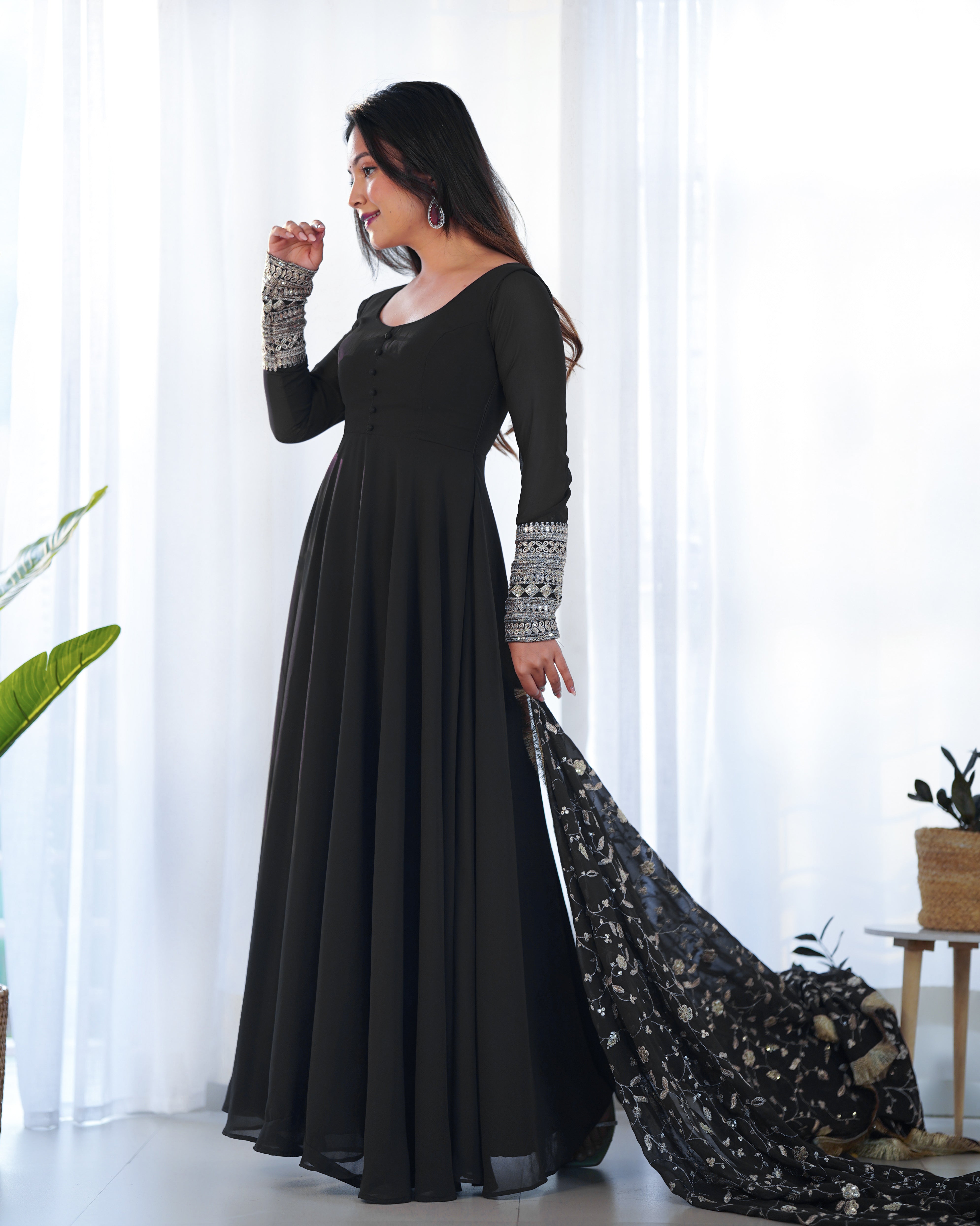 Women's Soft Fox Georgette Anarkali Gown Pant Dupatta Set with Sequence and Zari Work