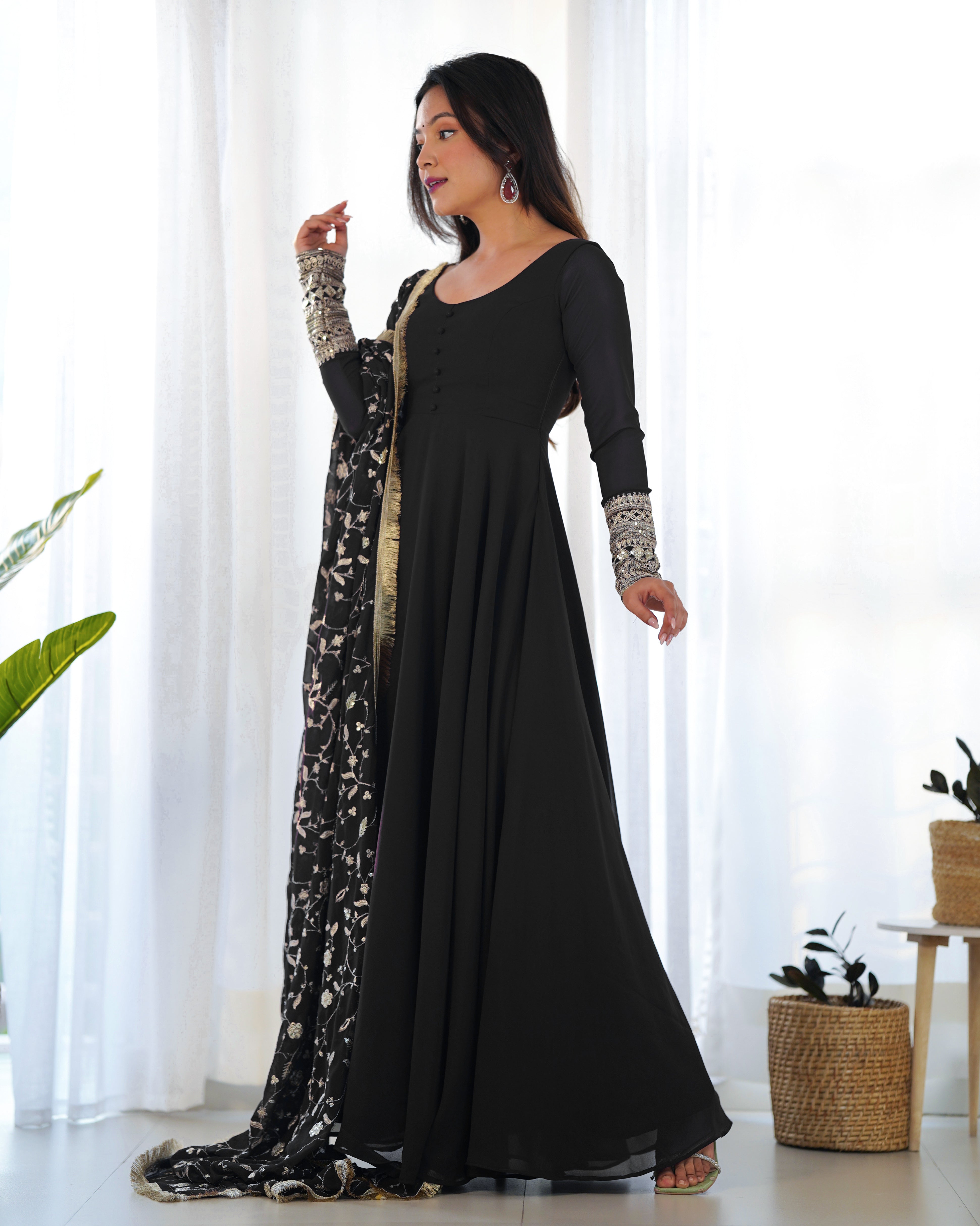 Women's Soft Fox Georgette Anarkali Gown Pant Dupatta Set with Sequence and Zari Work