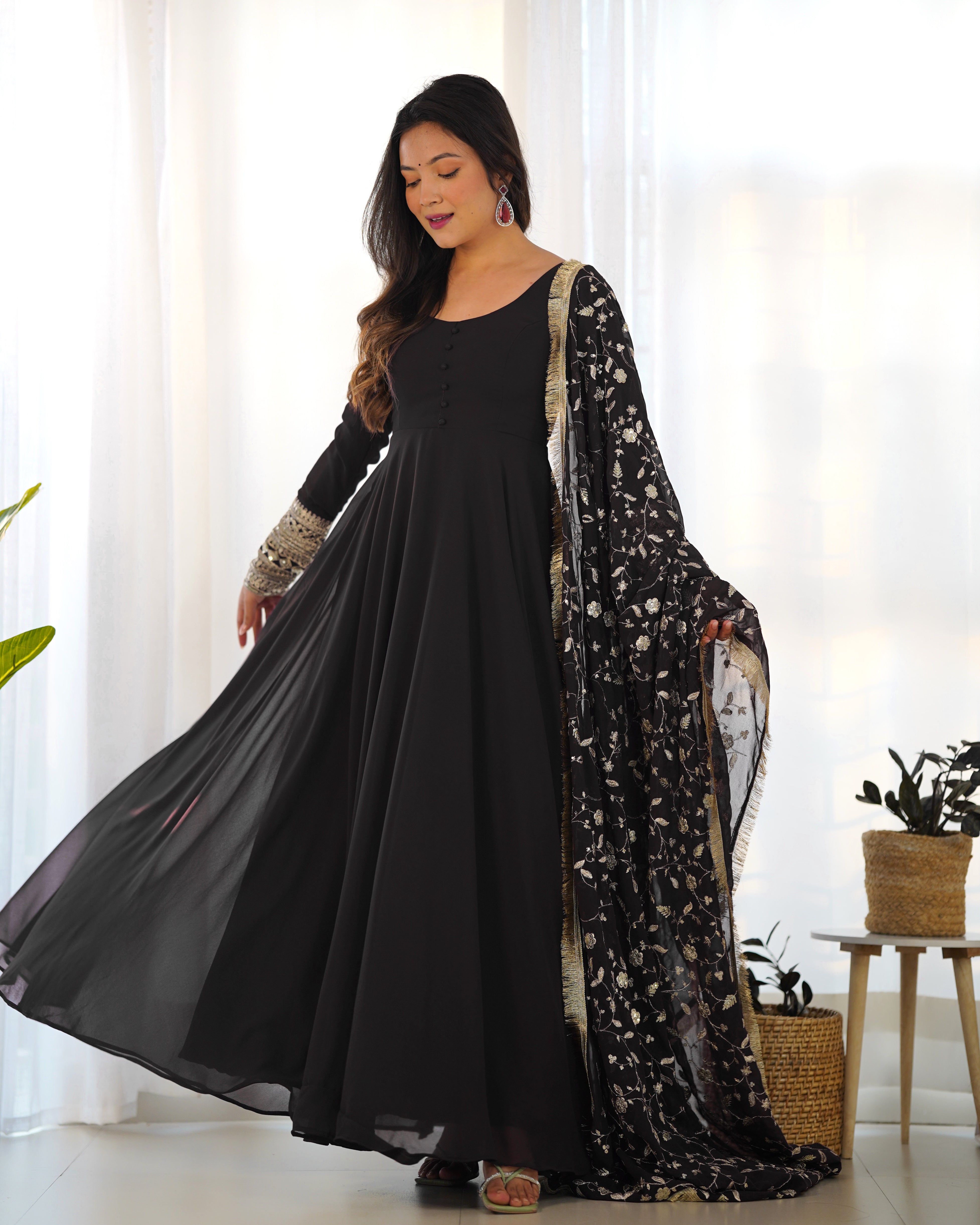 Women's Soft Fox Georgette Anarkali Gown Pant Dupatta Set with Sequence and Zari Work