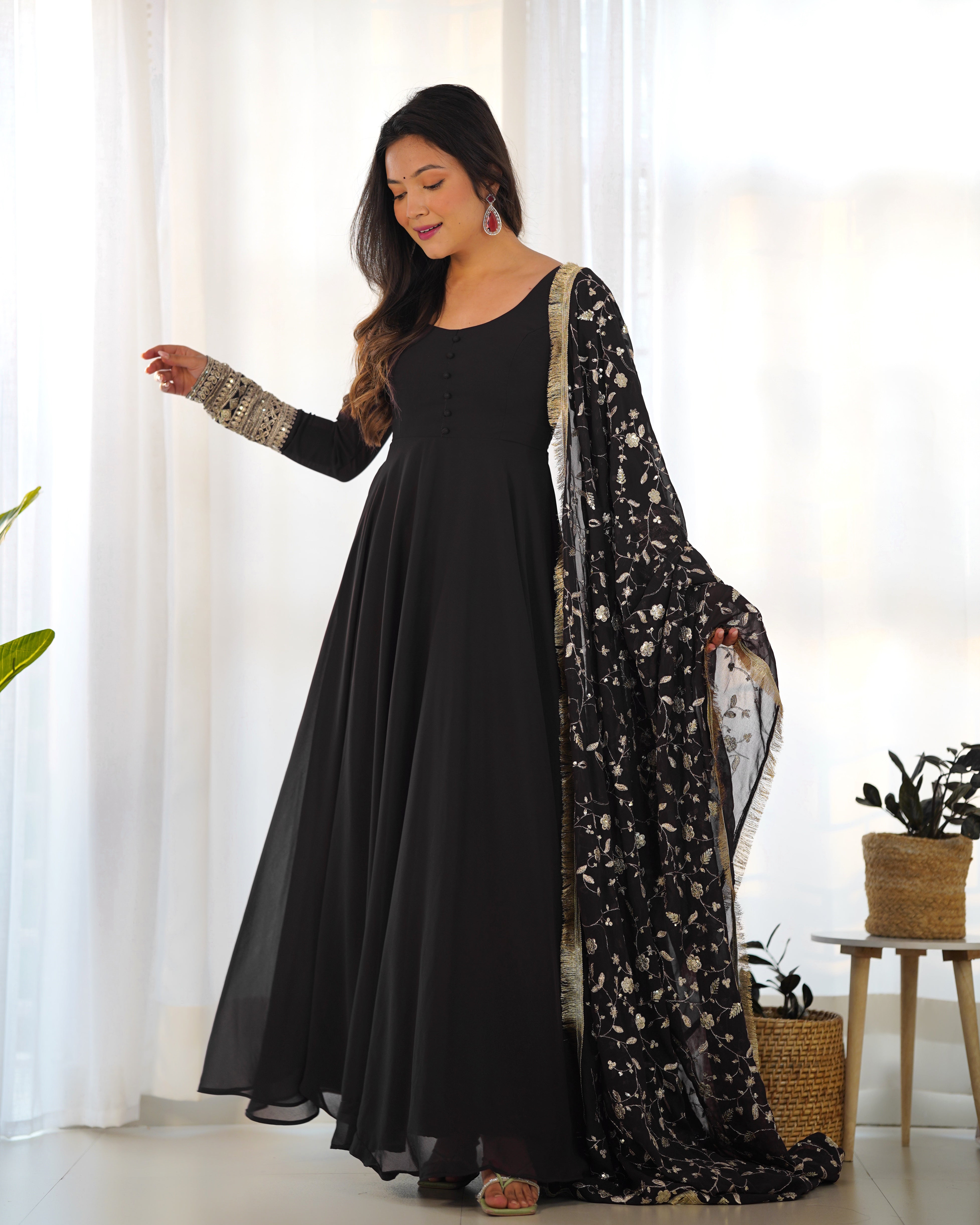 Women's Soft Fox Georgette Anarkali Gown Pant Dupatta Set with Sequence and Zari Work