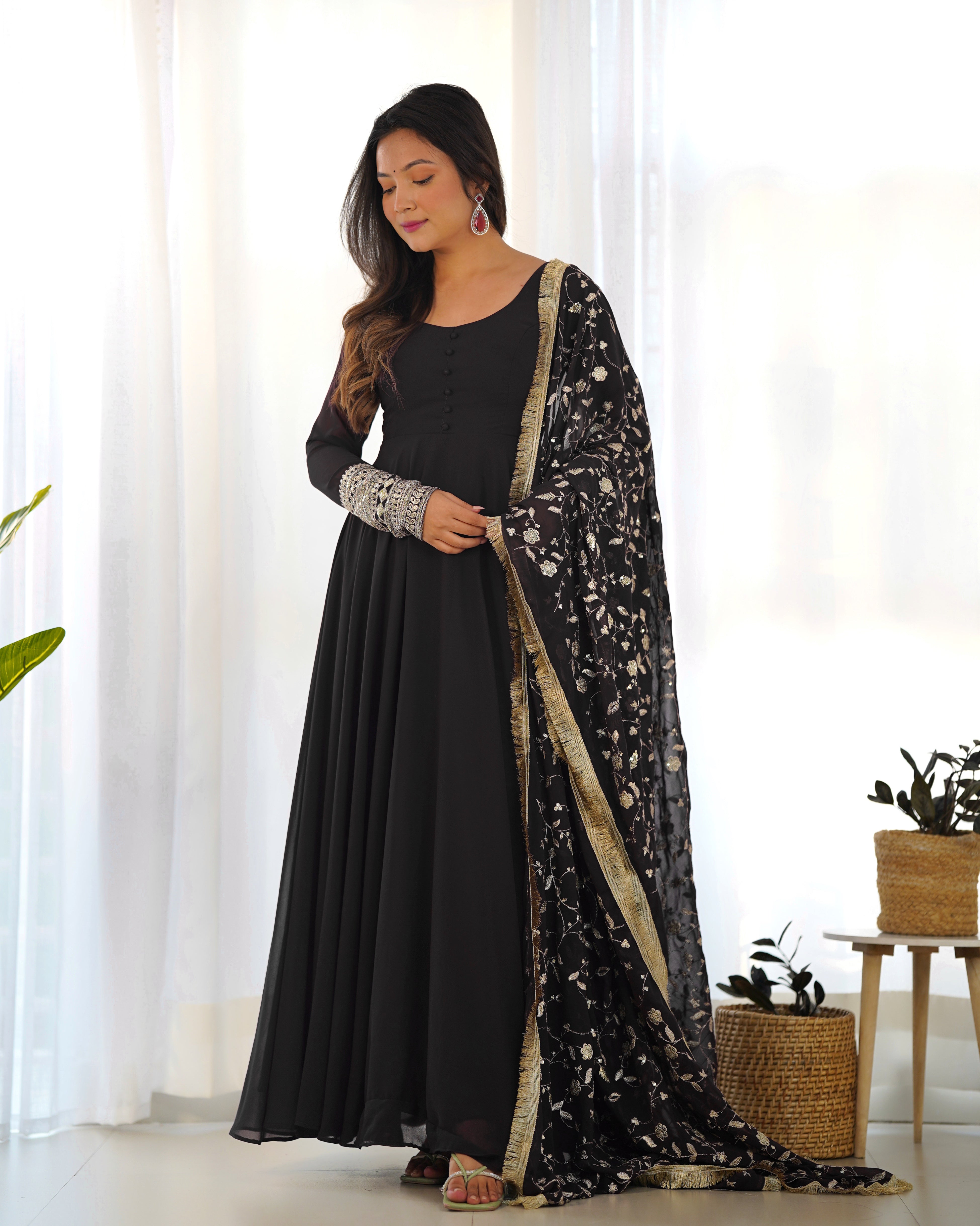Women's Soft Fox Georgette Anarkali Gown Pant Dupatta Set with Sequence and Zari Work