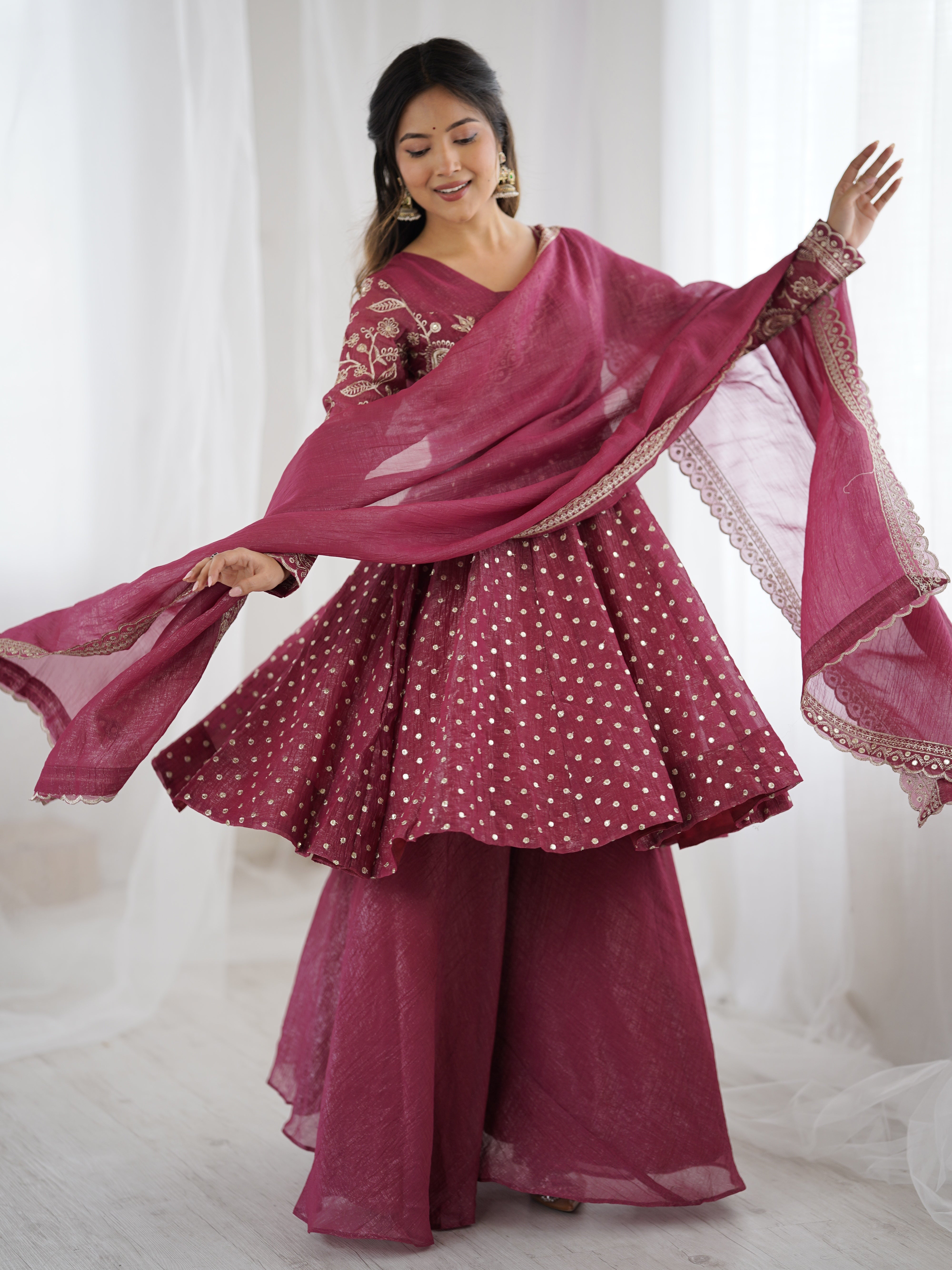 Women's Crunchy Silk Embroidered Sharara Palazzo Suit Set with Dupatta