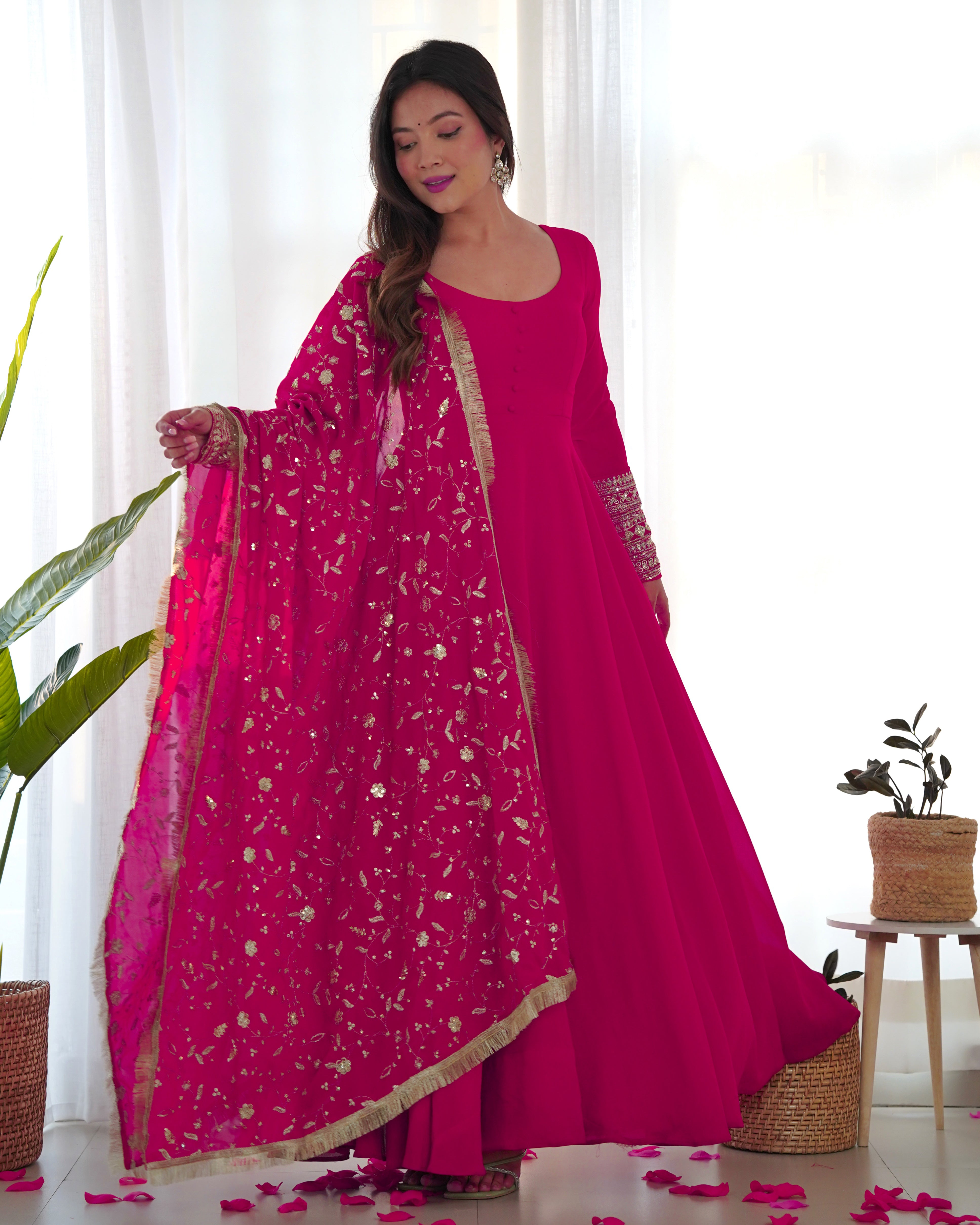 Women's Soft Fox Georgette Anarkali Gown Pant Dupatta Set with Sequence and Zari Work