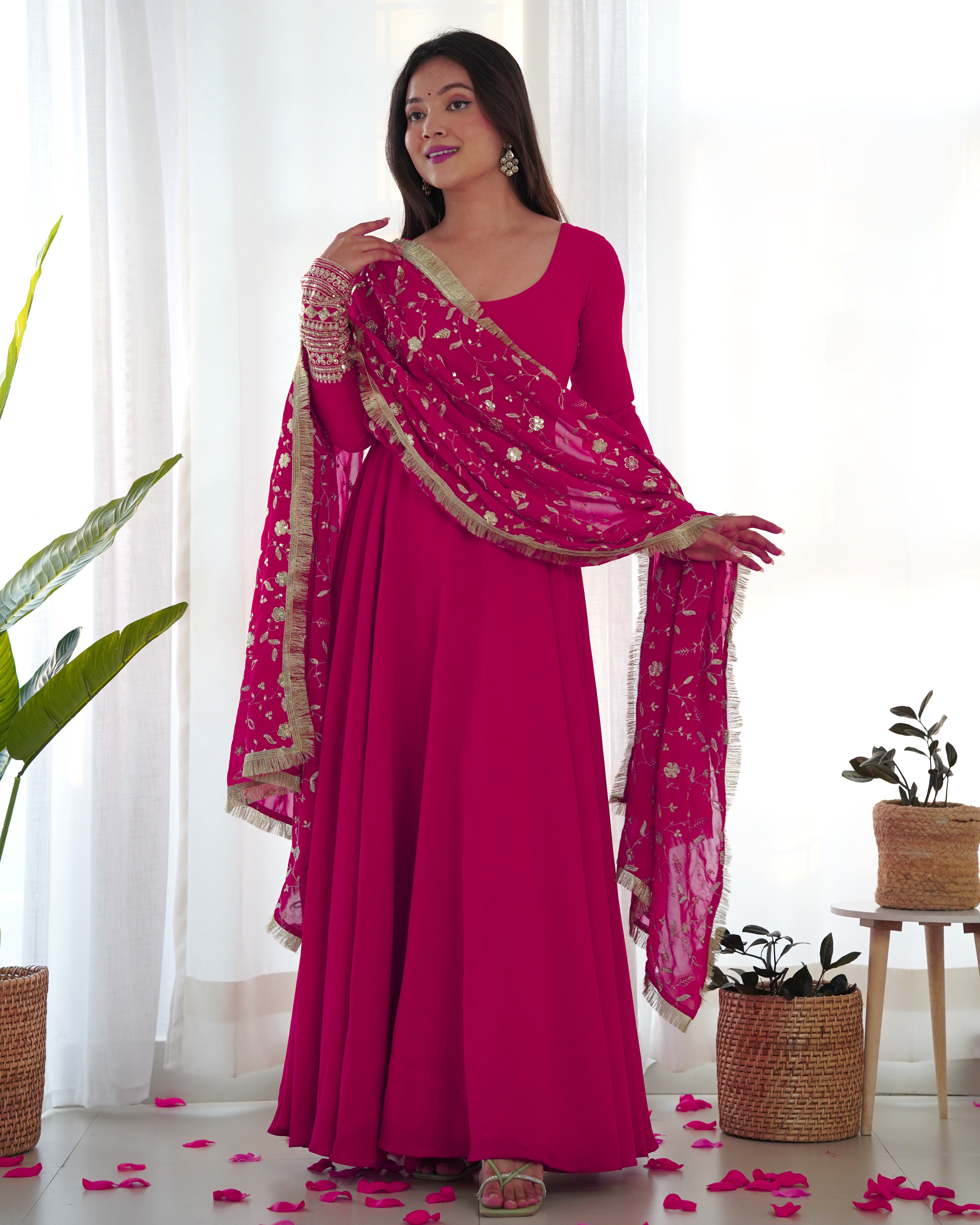 Women's Soft Fox Georgette Anarkali Gown Pant Dupatta Set with Sequence and Zari Work