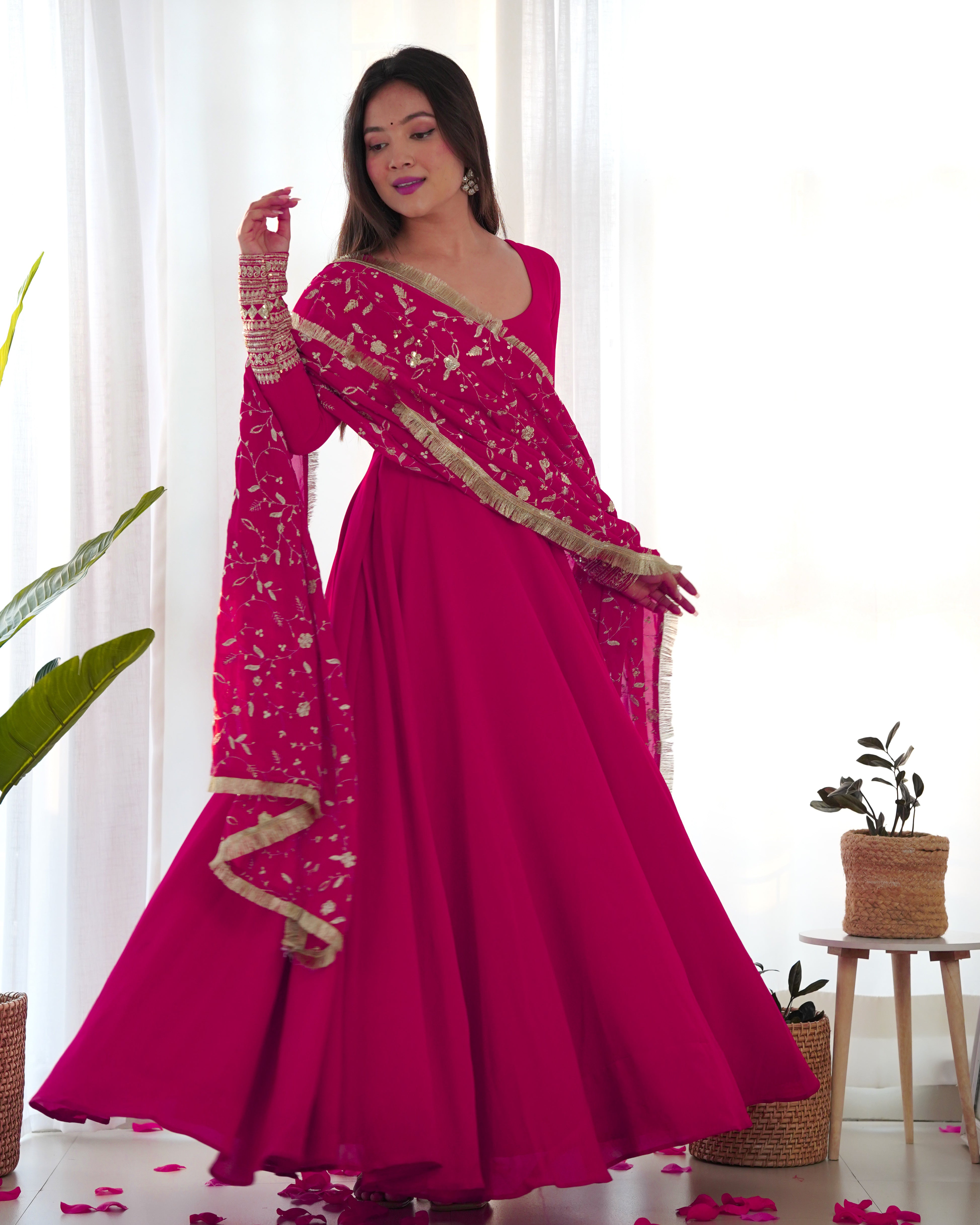 Women's Soft Fox Georgette Anarkali Gown Pant Dupatta Set with Sequence and Zari Work