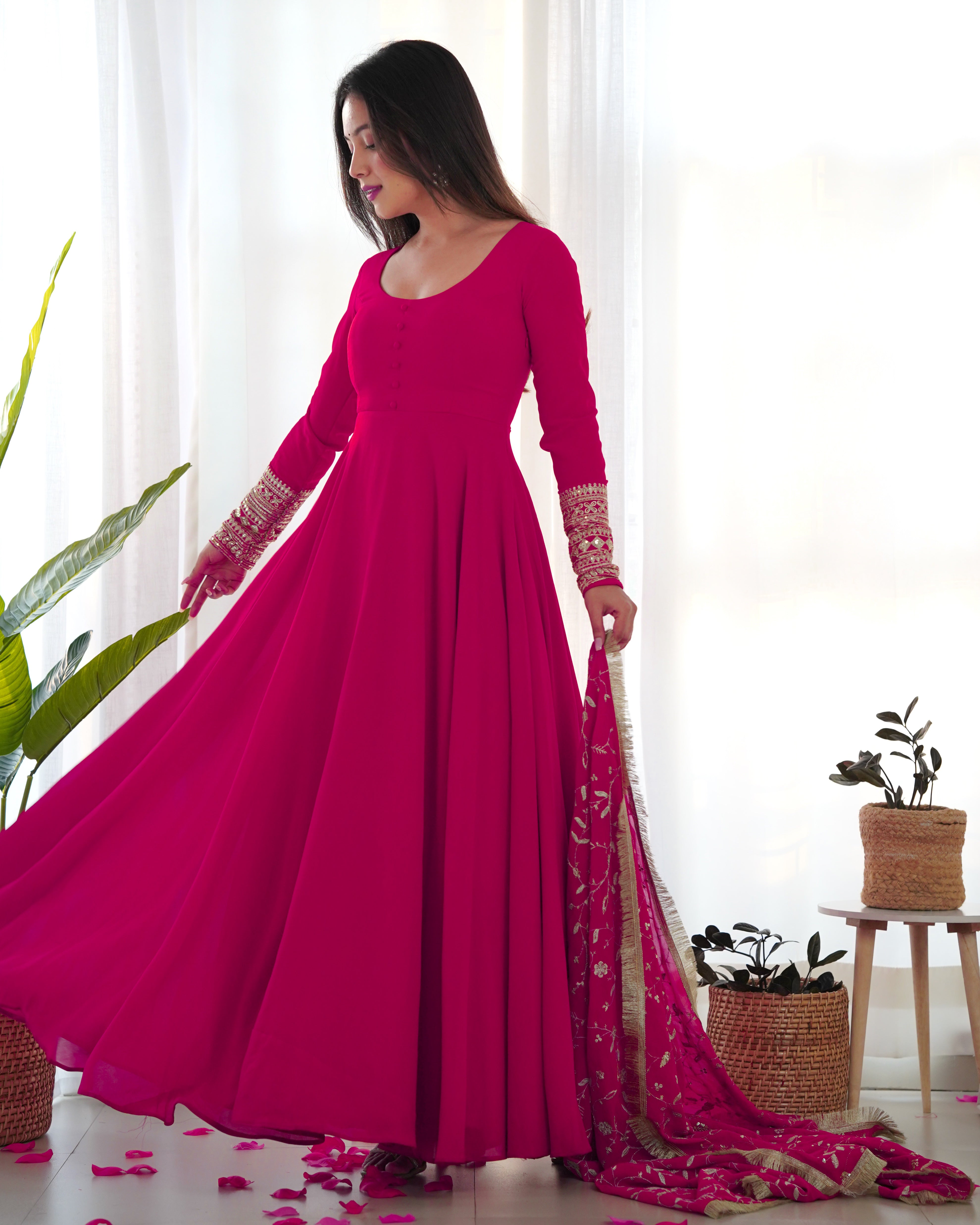 Women's Soft Fox Georgette Anarkali Gown Pant Dupatta Set with Sequence and Zari Work